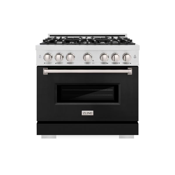 ZLINE 36 in. 5.2 cu. ft. Classic Gas Range with 6 Burner Cooktop and Convection Gas Oven in Satin Stainless Steel with Black Matte Door (CGRS-BLM-36)