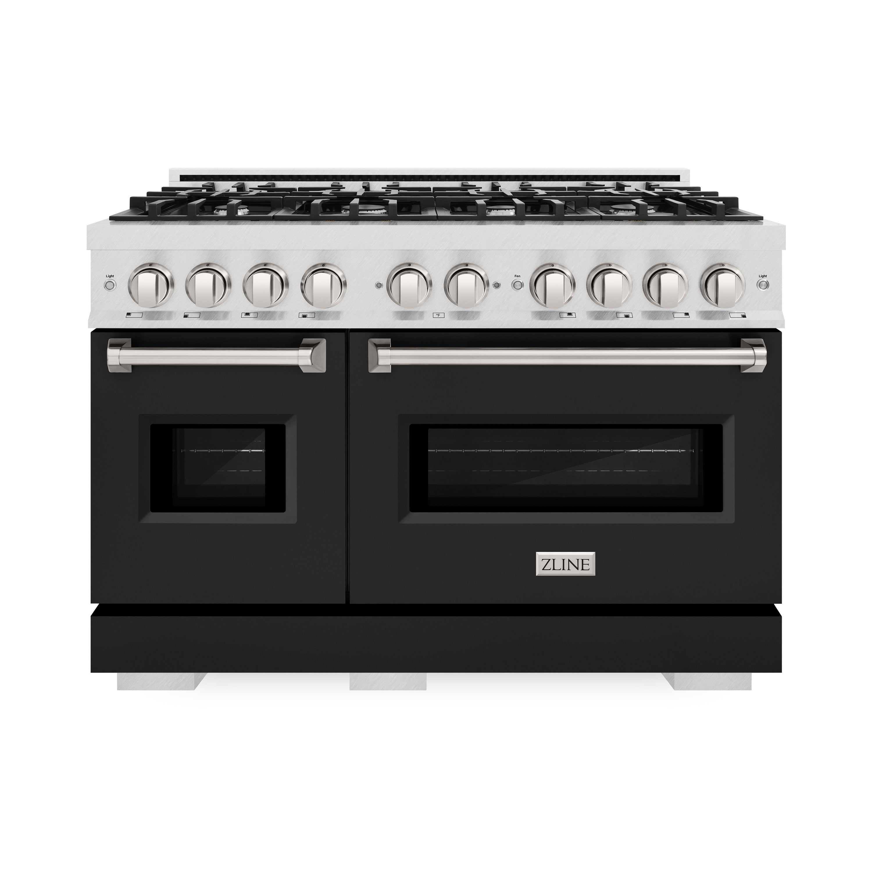ZLINE 48 in. 6.7 cu. ft. Classic Double Oven Gas Range with 8 Burner Cooktop in Satin Stainless Steel with Black Matte Doors (CGRS-BLM-48)