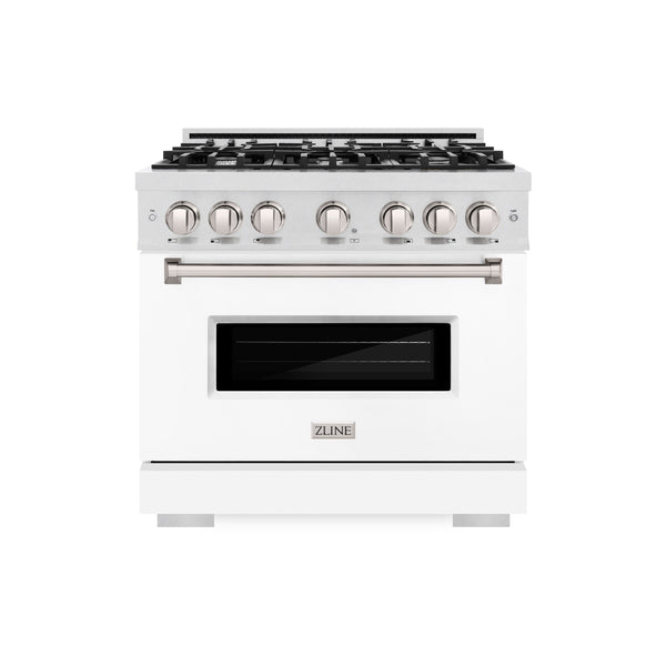 ZLINE 36 in. 5.2 cu. ft. Classic Gas Range with 6 Burner Cooktop and Convection Gas Oven in Satin Stainless Steel with White Matte Door (CGRS-WM-36)