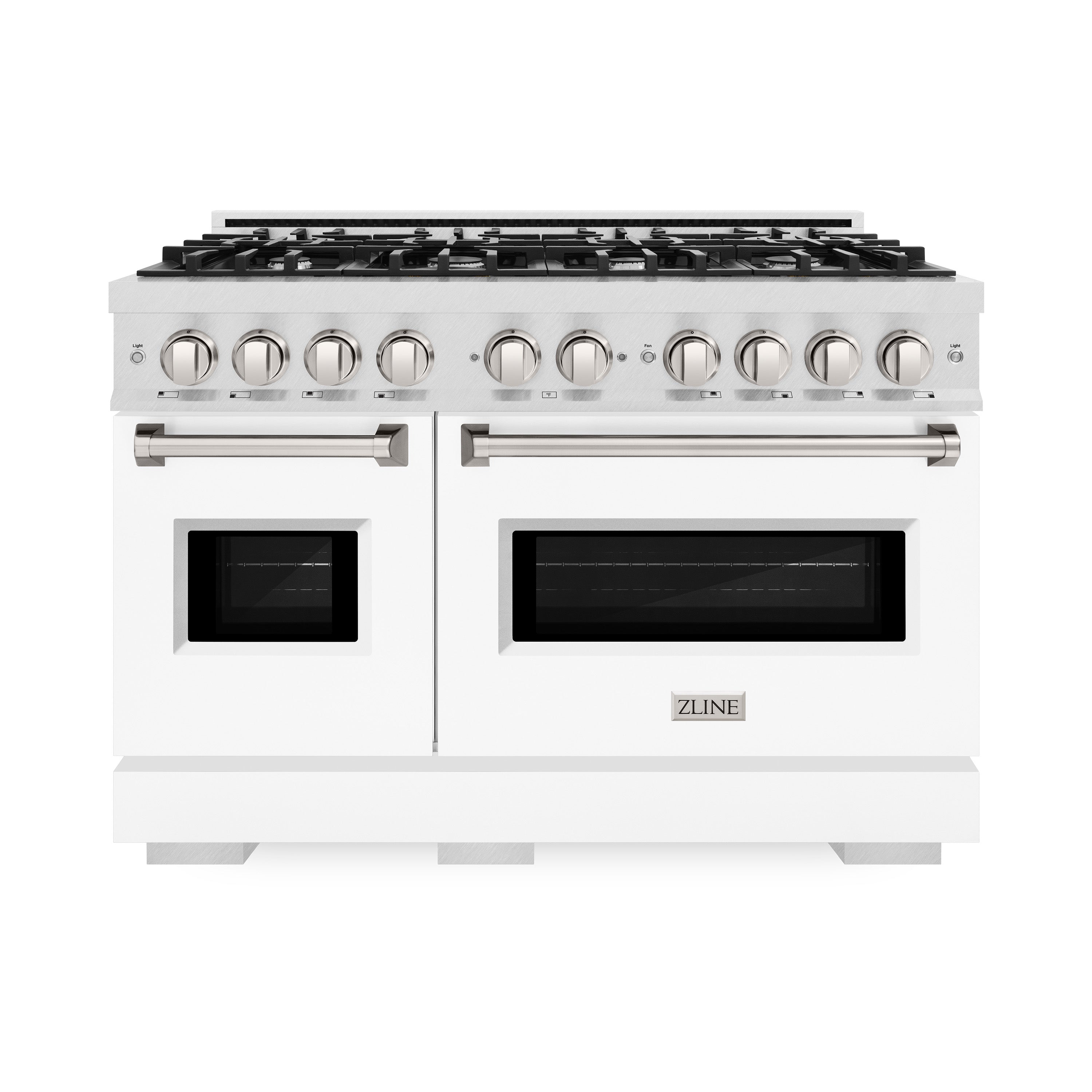 ZLINE 48 in. 6.7 cu. ft. Classic Double Oven Gas Range with 8 Burner Cooktop in Satin Stainless Steel with White Matte Doors (CGRS-WM-48)