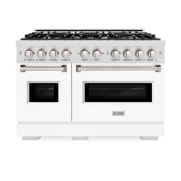 ZLINE 48 in. 6.7 cu. ft. Classic Double Oven Gas Range with 8 Burner Cooktop in Satin Stainless Steel with White Matte Doors (CGRS-WM-48)