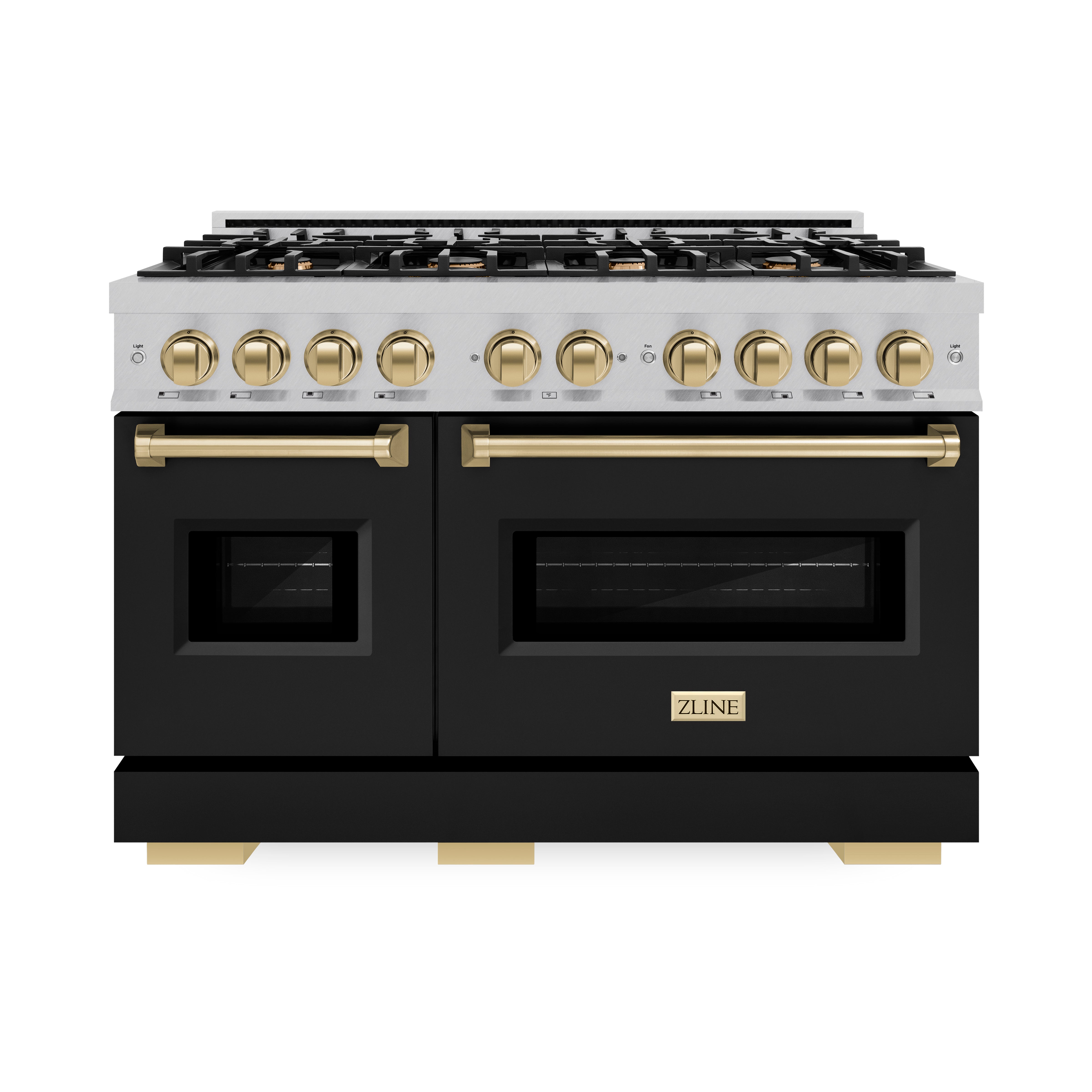 ZLINE Autograph Edition 48 in. 6.7 cu. ft. Classic Double Oven Gas Range with 8 Burner Cooktop in Satin Stainless Steel with Black Matte Doors and Champagne Bronze Accents (CGRSZ-BLM-48-CB)