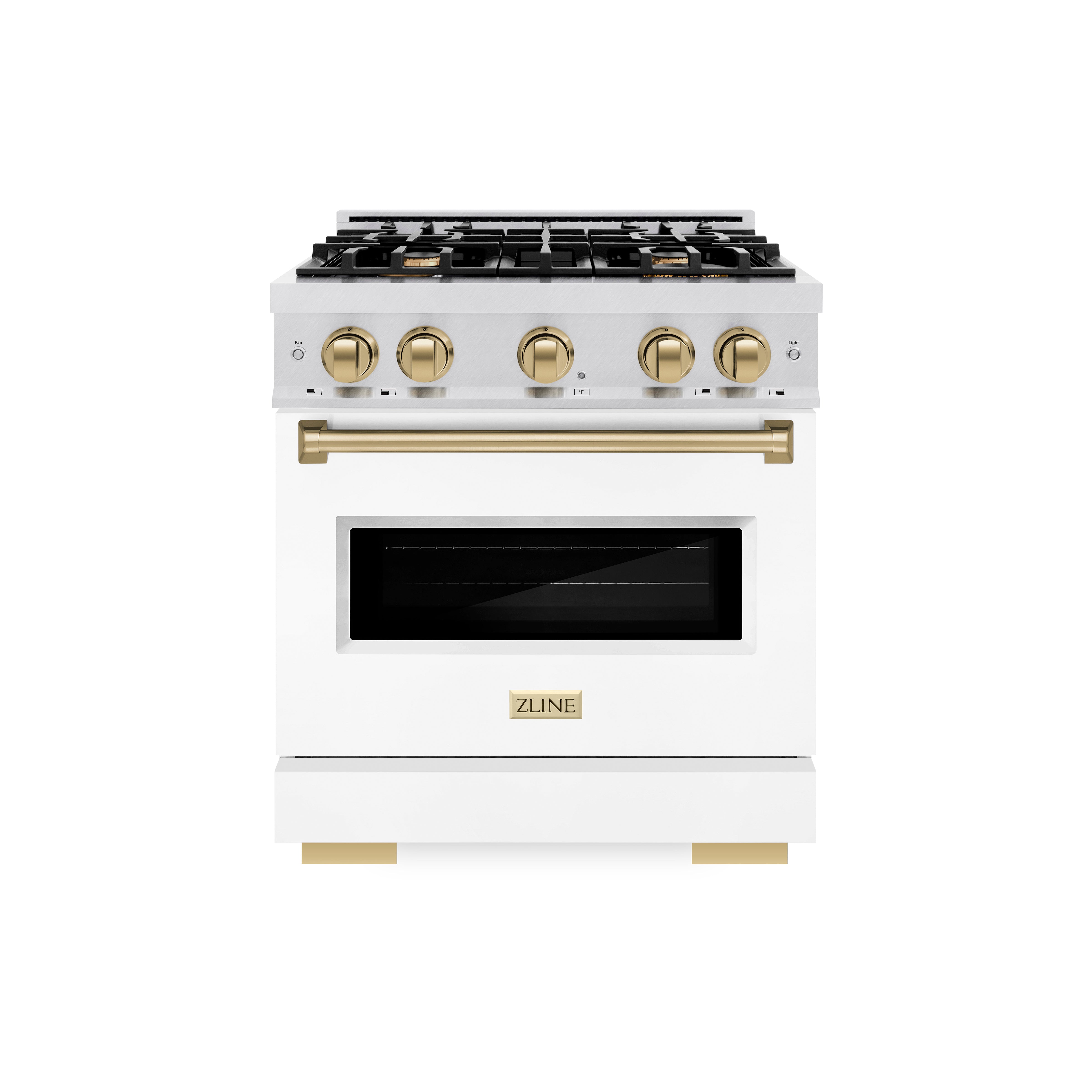 ZLINE Autograph Edition 30 in. 4.2 cu. ft. Classic Gas Range with 4 Burner Cooktop and Convection Gas Oven in Satin Stainless Steel with White Matte Door and Champagne Bronze Accents (CGRSZ-WM-30-CB)
