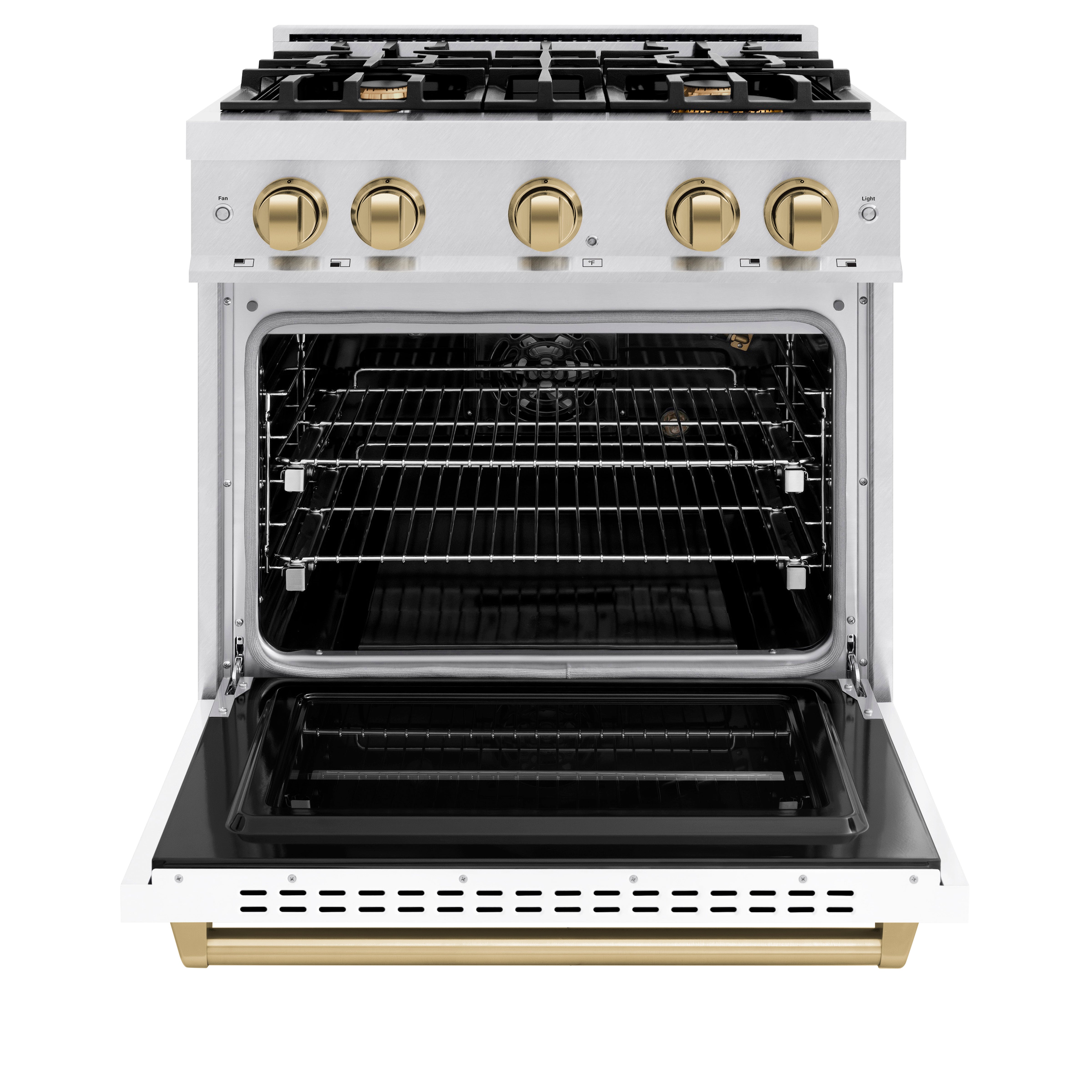 ZLINE Autograph Edition 30 in. 4.2 cu. ft. Classic Gas Range with 4 Burner Cooktop and Convection Gas Oven in Satin Stainless Steel with White Matte Door and Champagne Bronze Accents (CGRSZ-WM-30-CB)