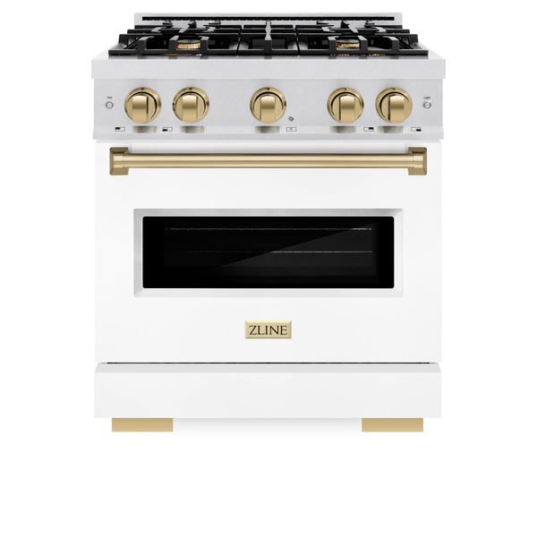 ZLINE Autograph Edition 30 in. 4.2 cu. ft. Classic Gas Range with 4 Burner Cooktop and Convection Gas Oven in Satin Stainless Steel with White Matte Door and Champagne Bronze Accents (CGRSZ-WM-30-CB)
