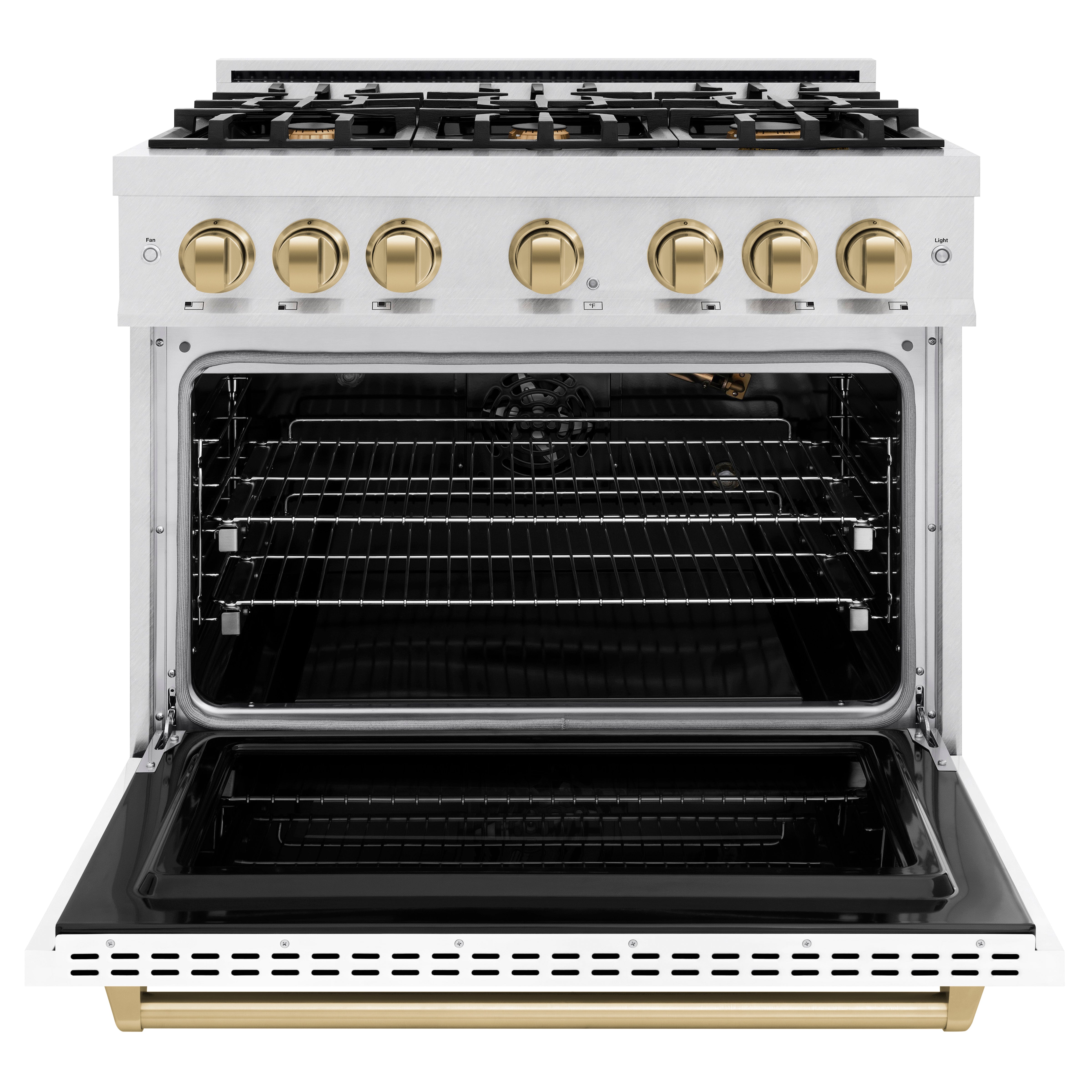 ZLINE Autograph Edition 36 in. 5.2 cu. ft. Classic Gas Range with 6 Burner Cooktop and Convection Gas Oven in Satin Stainless Steel with White Matte Door and Champagne Bronze Accents (CGRSZ-WM-36-CB)