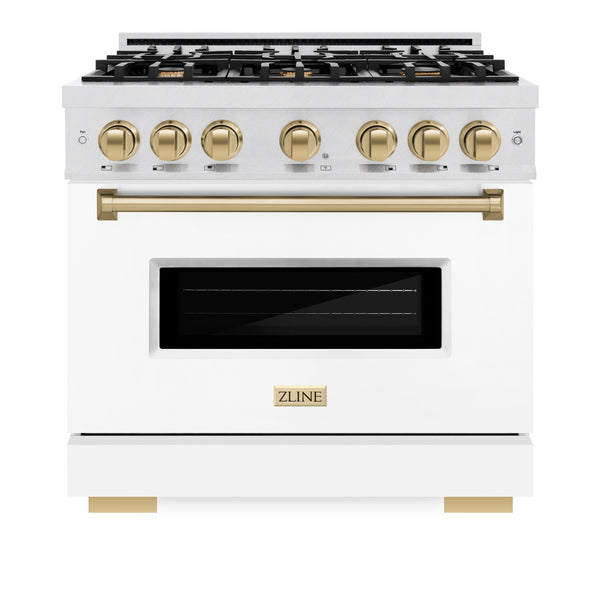 ZLINE Autograph Edition 36 in. 5.2 cu. ft. Classic Gas Range with 6 Burner Cooktop and Convection Gas Oven in Satin Stainless Steel with White Matte Door and Champagne Bronze Accents (CGRSZ-WM-36-CB)
