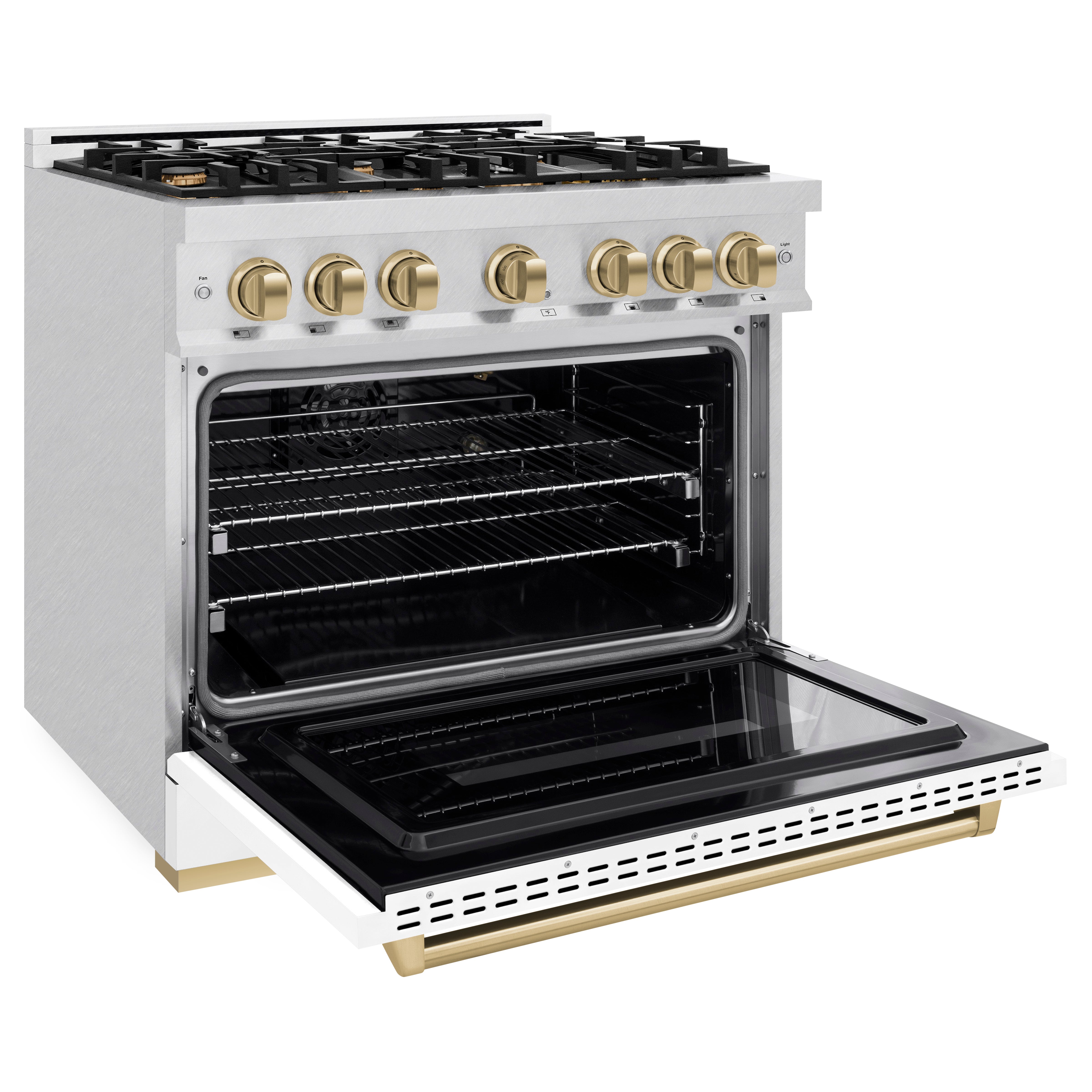 ZLINE Autograph Edition 36 in. 5.2 cu. ft. Classic Gas Range with 6 Burner Cooktop and Convection Gas Oven in Satin Stainless Steel with White Matte Door and Champagne Bronze Accents (CGRSZ-WM-36-CB)