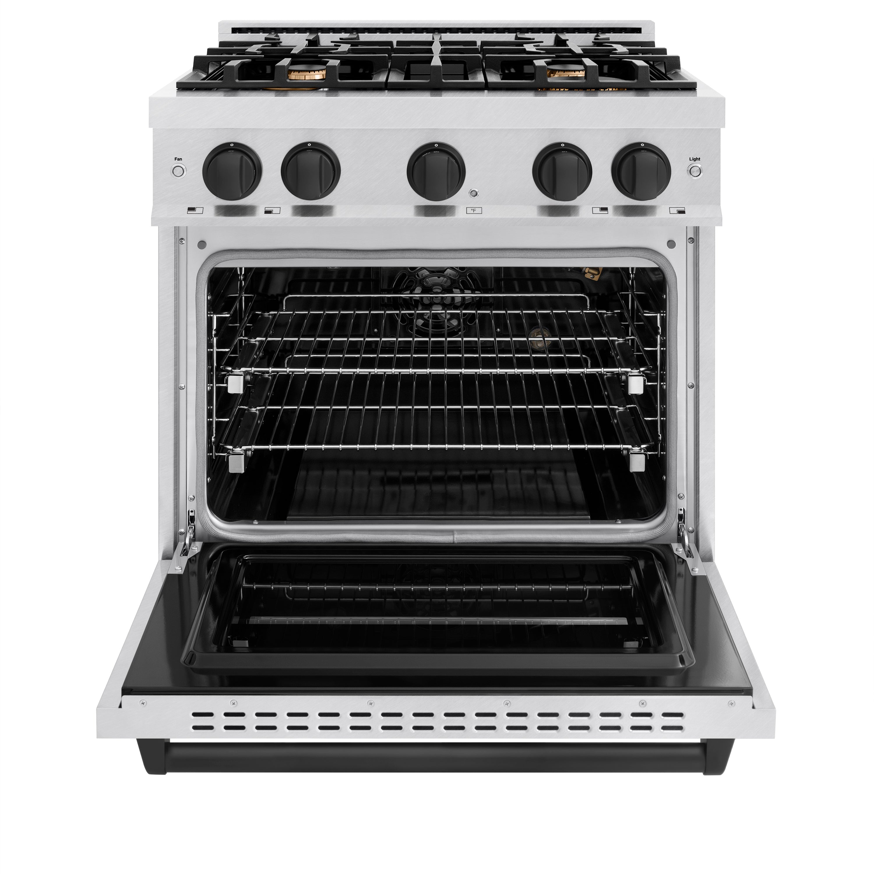 ZLINE Autograph Edition 30 in. 4.2 cu. ft. Classic Gas Range with 4 Burner Cooktop and Convection Gas Oven in Satin Stainless Steel with White Matte Door and Matte Black Accents (CGRSZ-WM-30-MB)
