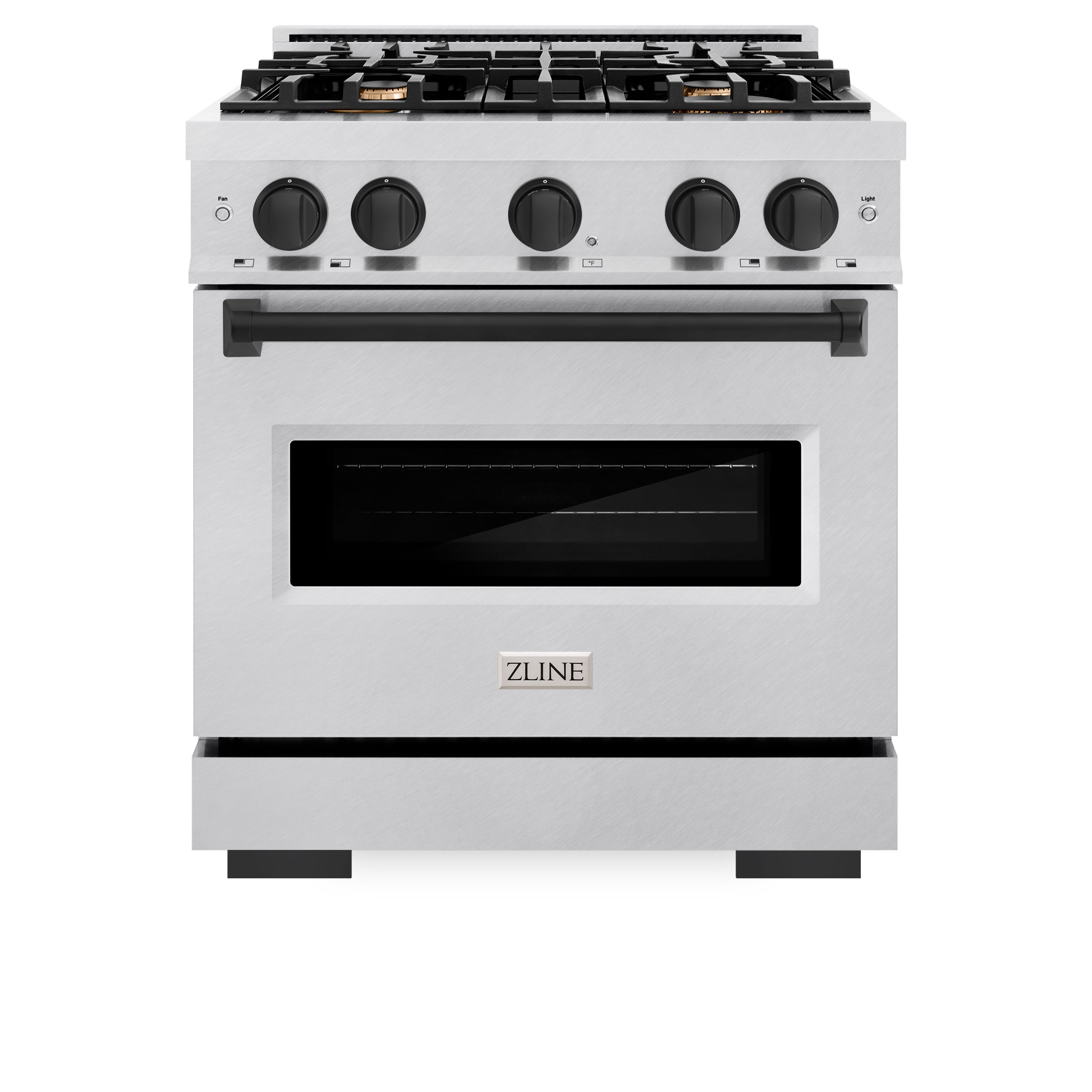 ZLINE Autograph Edition 30 in. 4.2 cu. ft. Classic Gas Range with 4 Burner Cooktop and Convection Gas Oven in Satin Stainless Steel with White Matte Door and Matte Black Accents (CGRSZ-WM-30-MB)