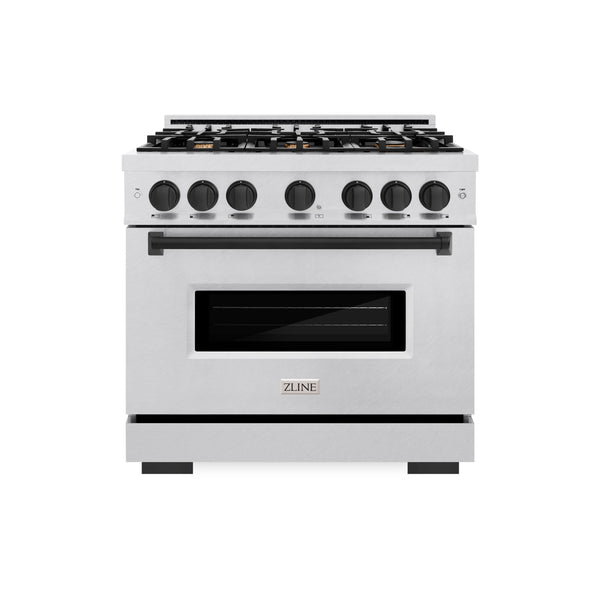 ZLINE Autograph Edition 36 in. 5.2 cu. ft. Classic Gas Range with 6 Burner Cooktop and Convection Gas Oven in Satin Stainless Steel and Matte Black Accents (CGRSZ-36-MB)