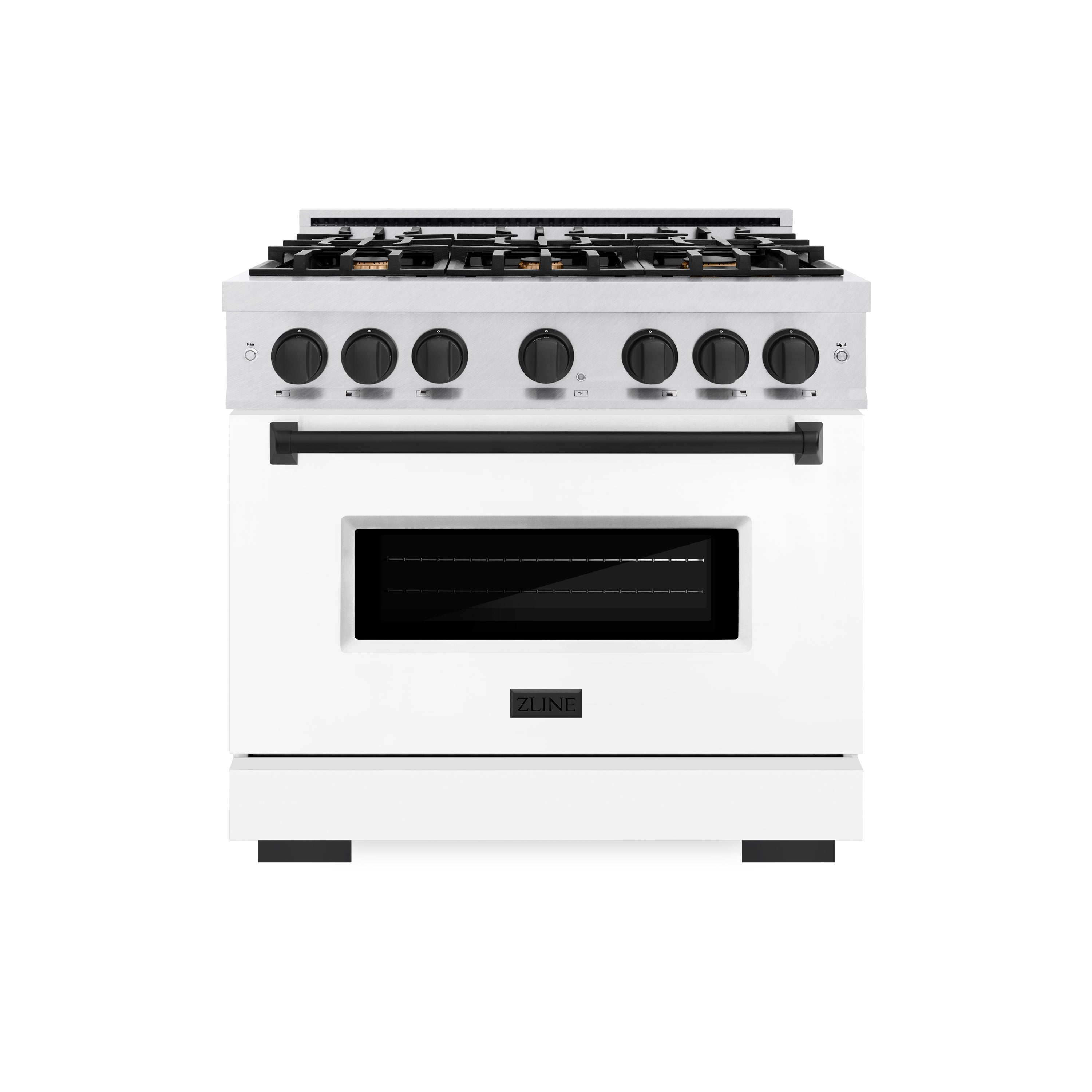 ZLINE Autograph Edition 36 in. 5.2 cu. ft. Classic Gas Range with 6 Burner Cooktop and Convection Gas Oven in Satin Stainless Steel with White Matte Door and Matte Black Accents (CGRSZ-WM-36-MB)