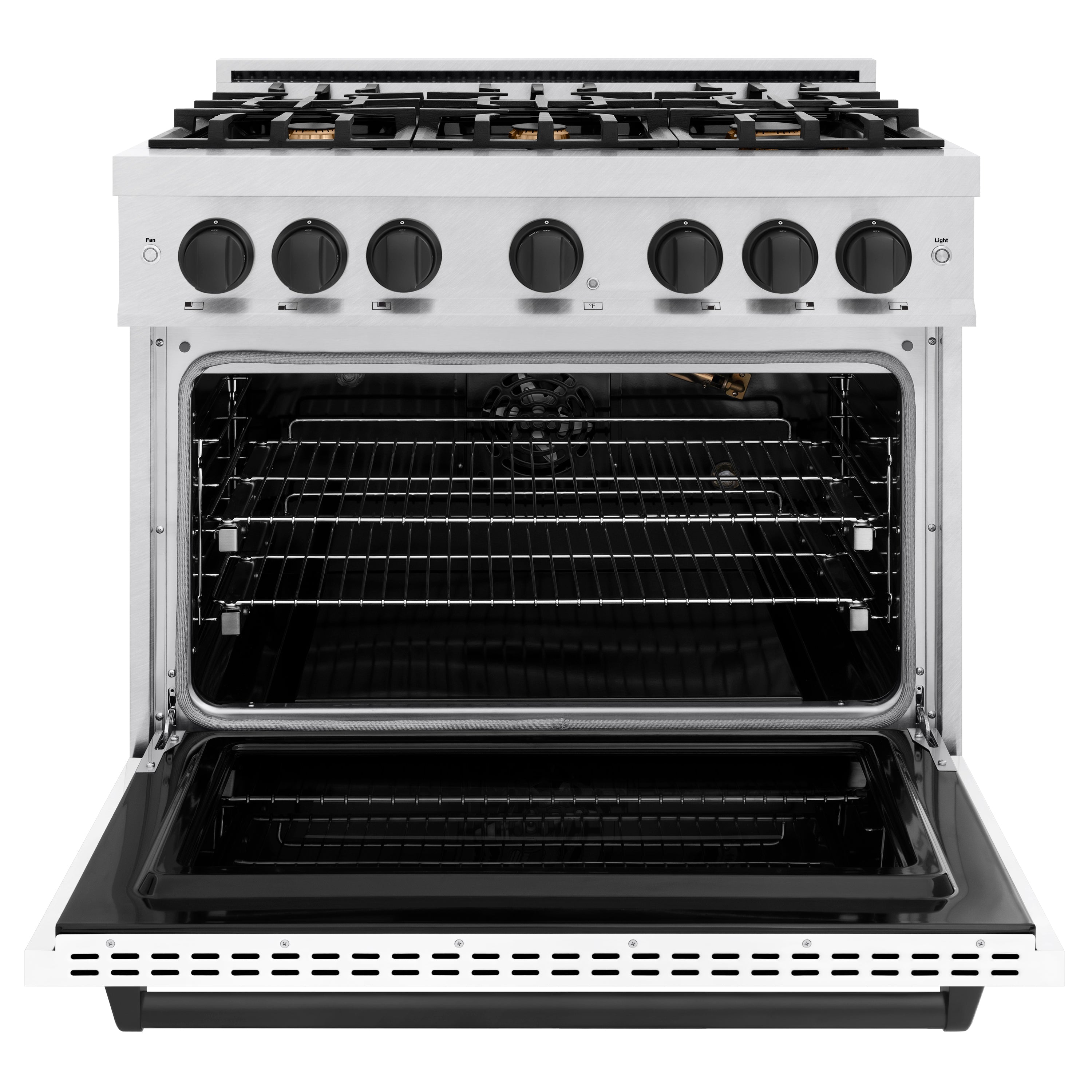 ZLINE Autograph Edition 36 in. 5.2 cu. ft. Classic Gas Range with 6 Burner Cooktop and Convection Gas Oven in Satin Stainless Steel with White Matte Door and Matte Black Accents (CGRSZ-WM-36-MB)