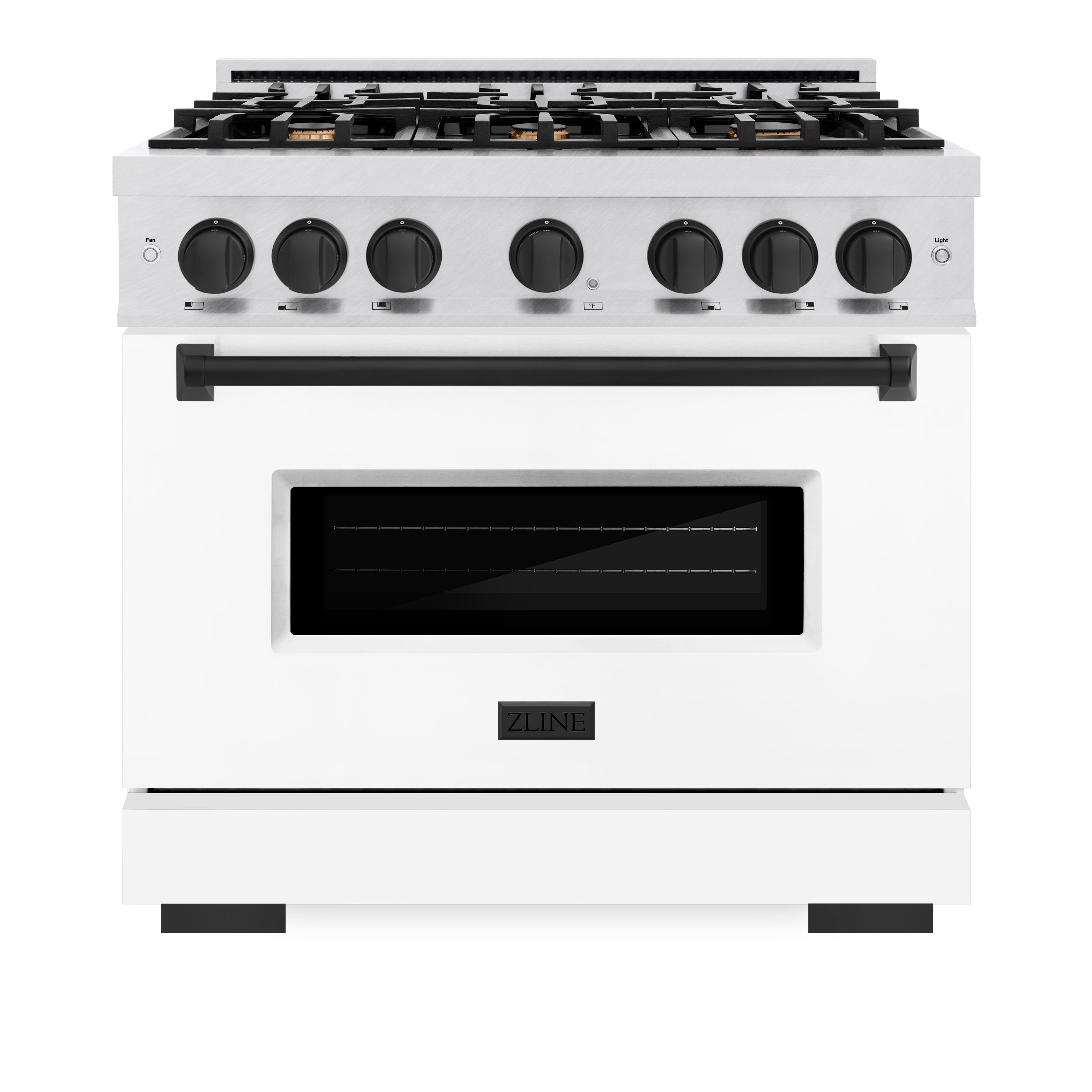 ZLINE Autograph Edition 36 in. 5.2 cu. ft. Classic Gas Range with 6 Burner Cooktop and Convection Gas Oven in Satin Stainless Steel with White Matte Door and Matte Black Accents (CGRSZ-WM-36-MB)