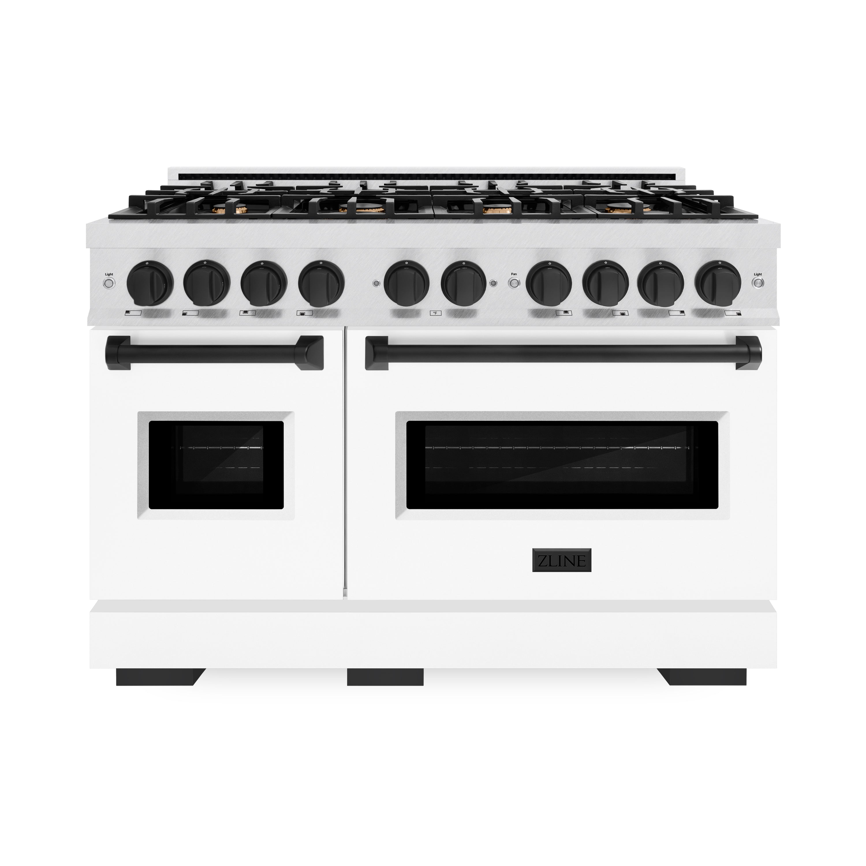 ZLINE Autograph Edition 48 in. 6.7 cu. ft. Classic Double Oven Gas Range with 8 Burner Cooktop in Satin Stainless Steel with White Matte Doors and Matte Black Accents (CGRSZ-WM-48-MB)