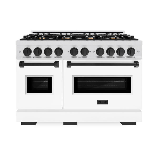 ZLINE Autograph Edition 48 in. 6.7 cu. ft. Classic Double Oven Gas Range with 8 Burner Cooktop in Satin Stainless Steel with White Matte Doors and Matte Black Accents (CGRSZ-WM-48-MB)