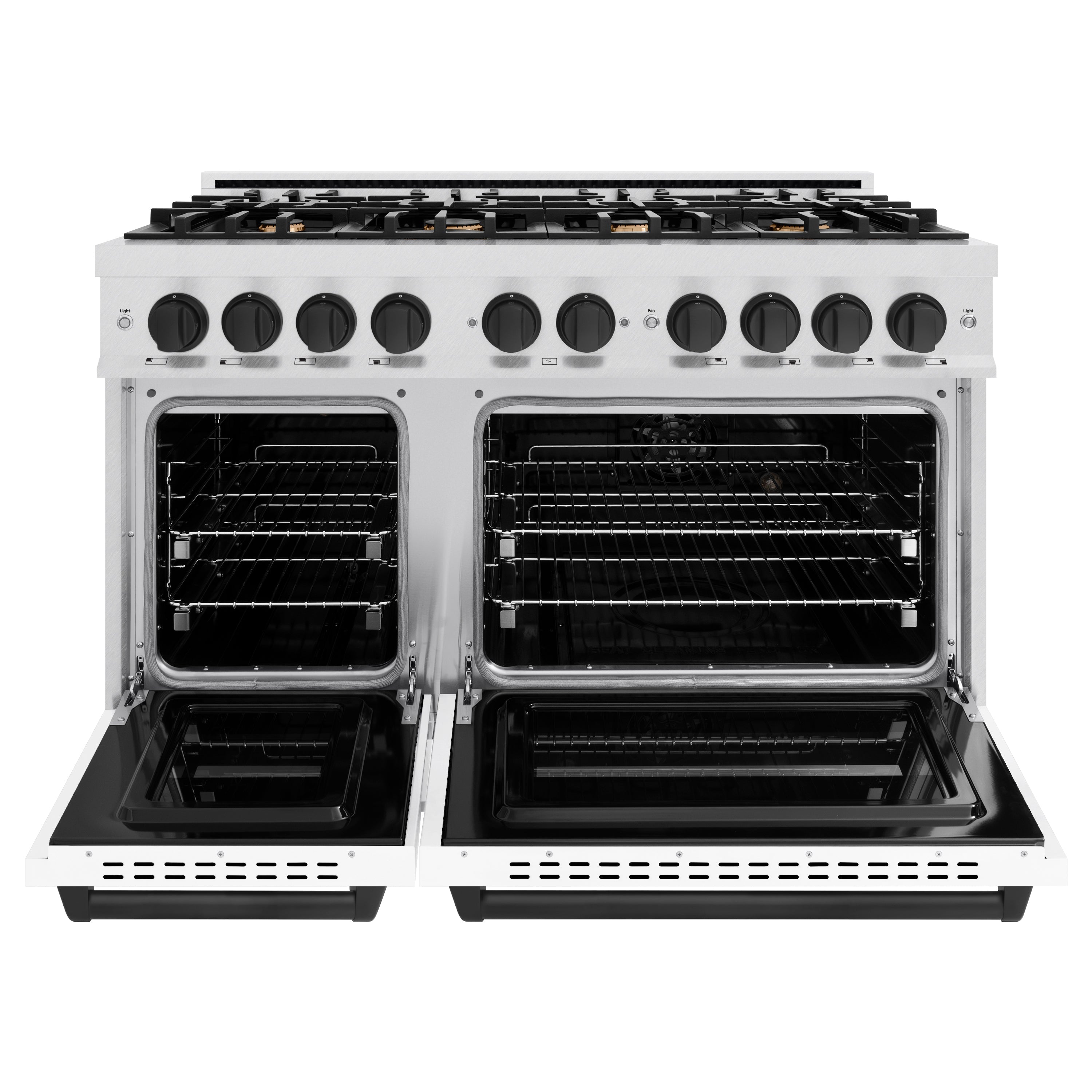 ZLINE Autograph Edition 48 in. 6.7 cu. ft. Classic Double Oven Gas Range with 8 Burner Cooktop in Satin Stainless Steel with White Matte Doors and Matte Black Accents (CGRSZ-WM-48-MB)
