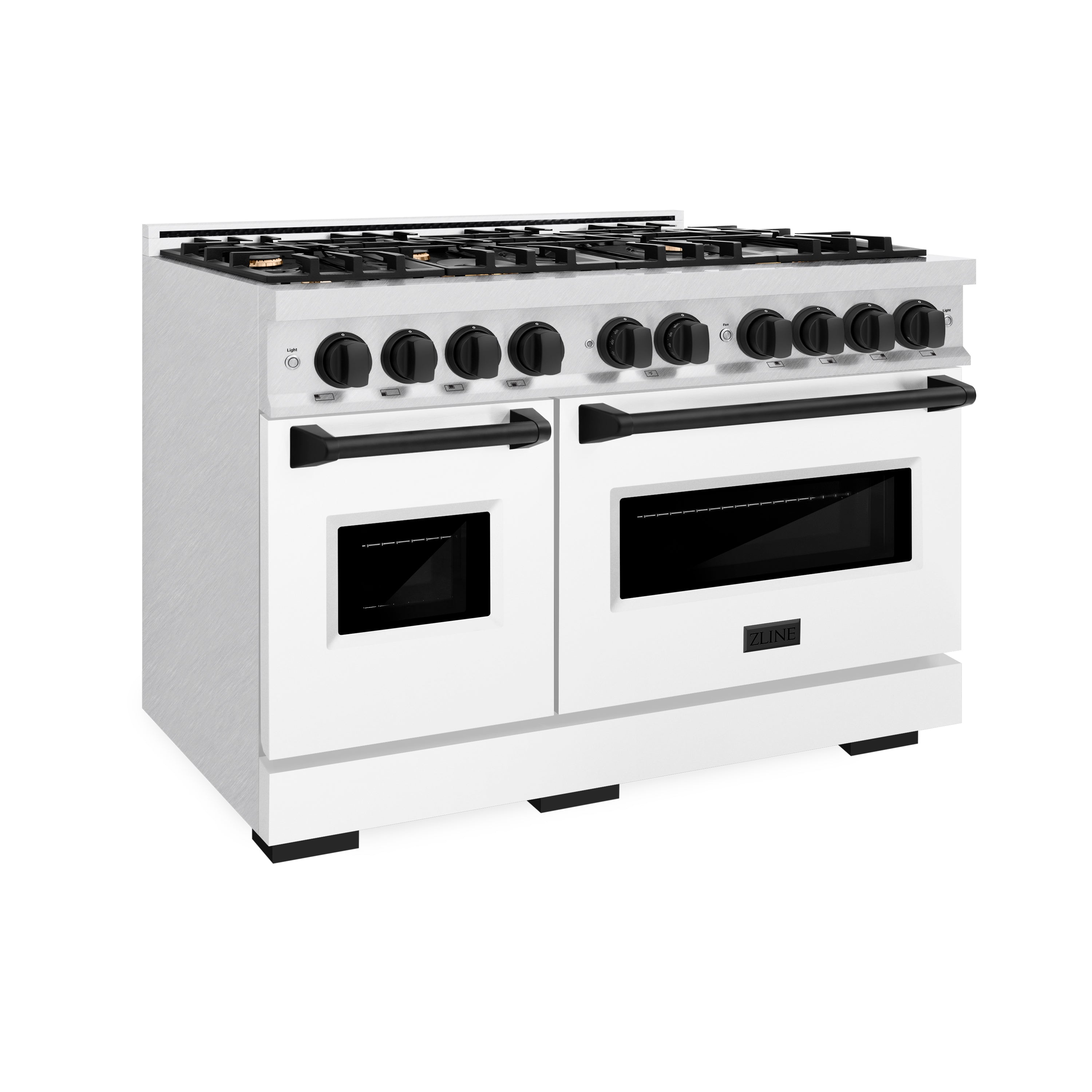 ZLINE Autograph Edition 48 in. 6.7 cu. ft. Classic Double Oven Gas Range with 8 Burner Cooktop in Satin Stainless Steel with White Matte Doors and Matte Black Accents (CGRSZ-WM-48-MB)