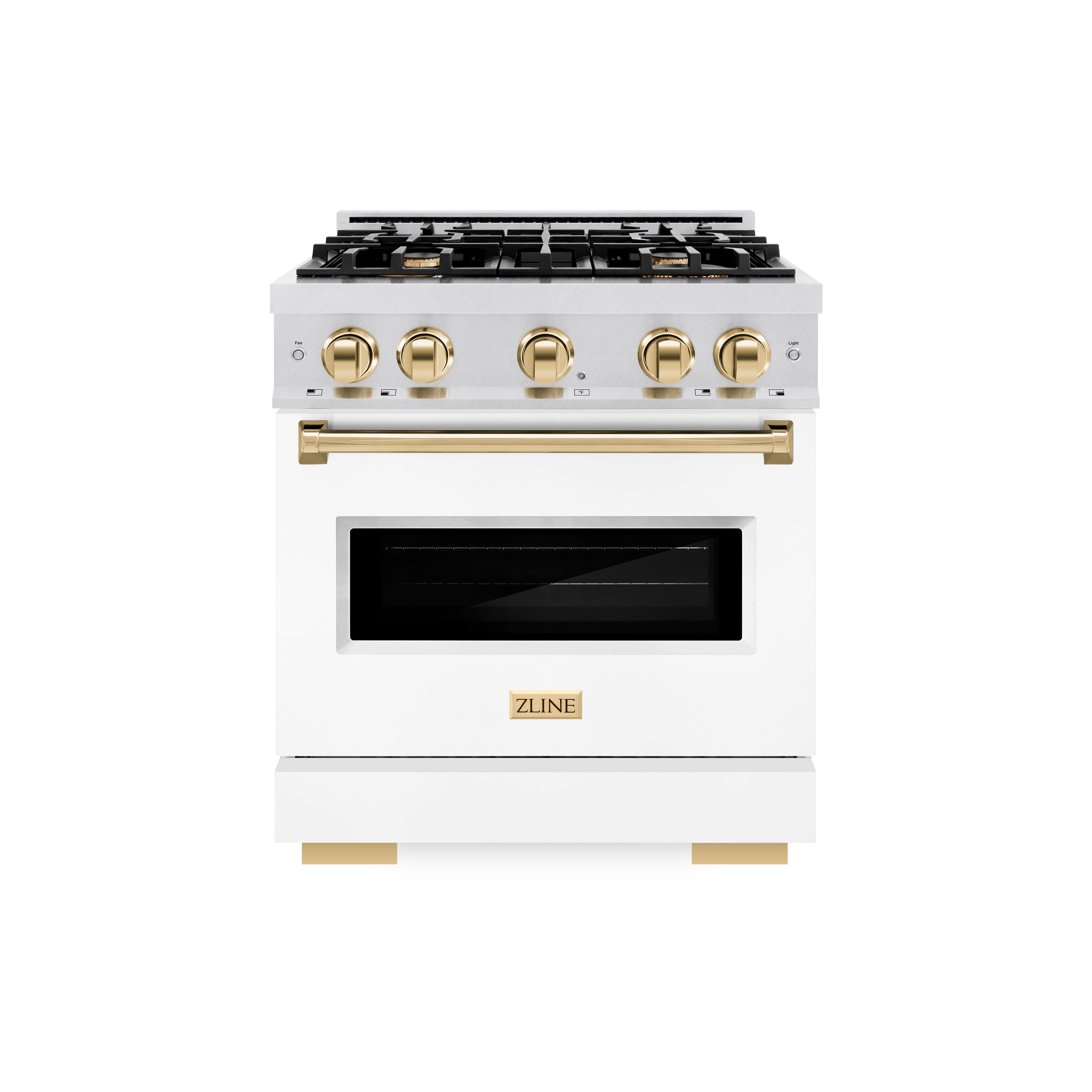 ZLINE Autograph Edition 30 in. 4.2 cu. ft. Classic Gas Range with 4 Burner Cooktop and Convection Gas Oven in Satin Stainless Steel with White Matte Door and Polished Gold Accents (CGRSZ-WM-30-G)