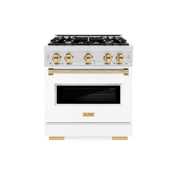 ZLINE Autograph Edition 30 in. 4.2 cu. ft. Classic Gas Range with 4 Burner Cooktop and Convection Gas Oven in Satin Stainless Steel with White Matte Door and Polished Gold Accents (CGRSZ-WM-30-G)