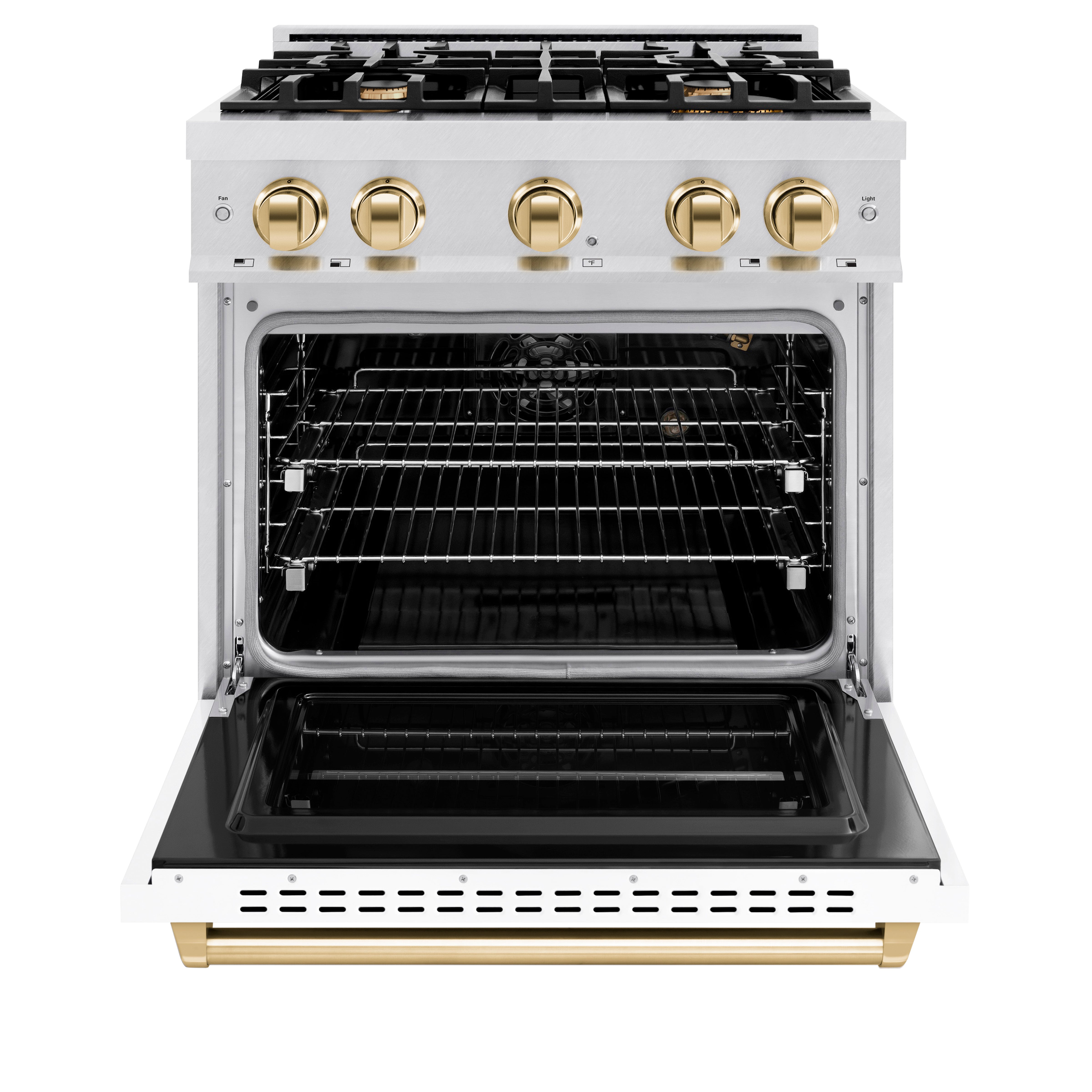 ZLINE Autograph Edition 30 in. 4.2 cu. ft. Classic Gas Range with 4 Burner Cooktop and Convection Gas Oven in Satin Stainless Steel with White Matte Door and Polished Gold Accents (CGRSZ-WM-30-G)