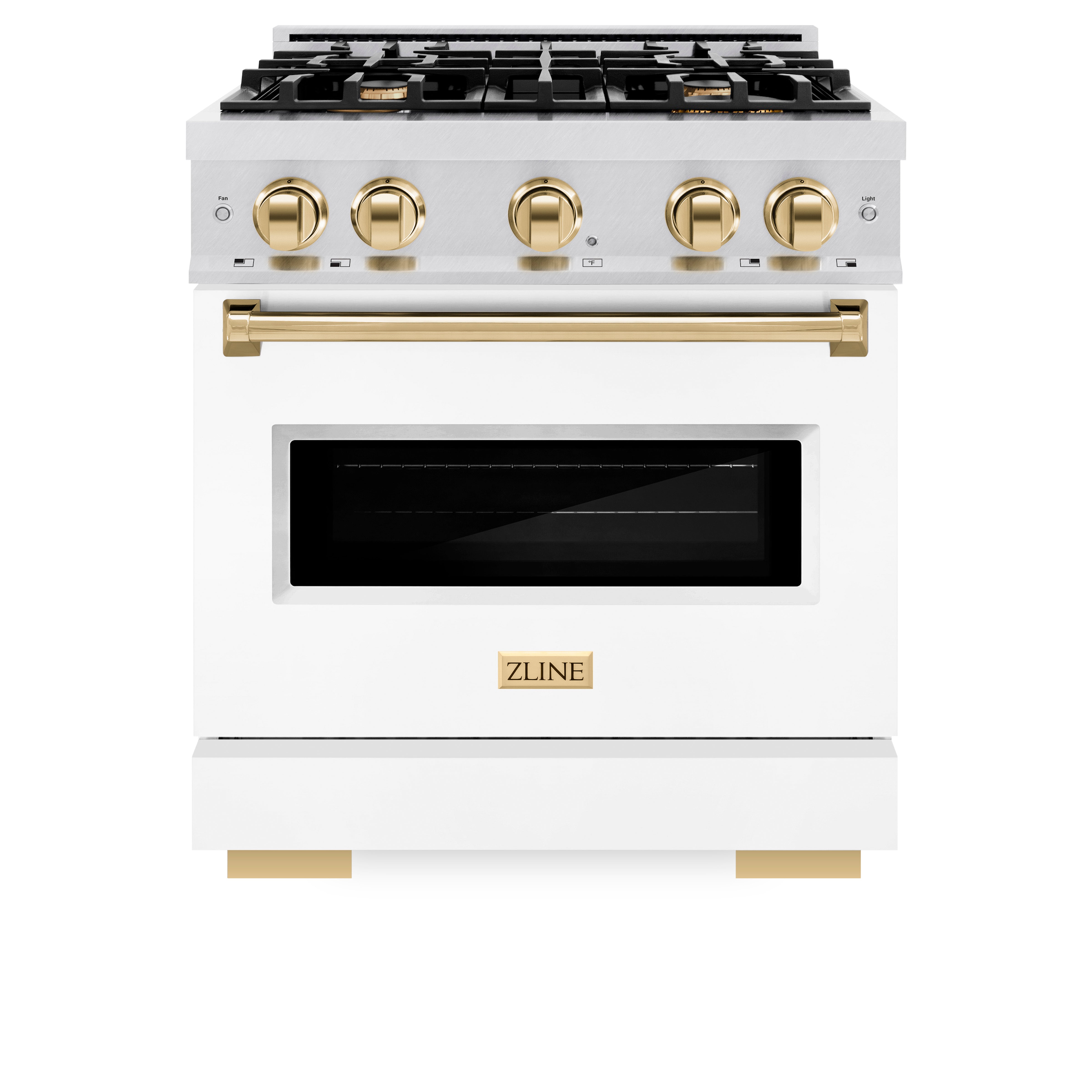 ZLINE Autograph Edition 30 in. 4.2 cu. ft. Classic Gas Range with 4 Burner Cooktop and Convection Gas Oven in Satin Stainless Steel with White Matte Door and Polished Gold Accents (CGRSZ-WM-30-G)