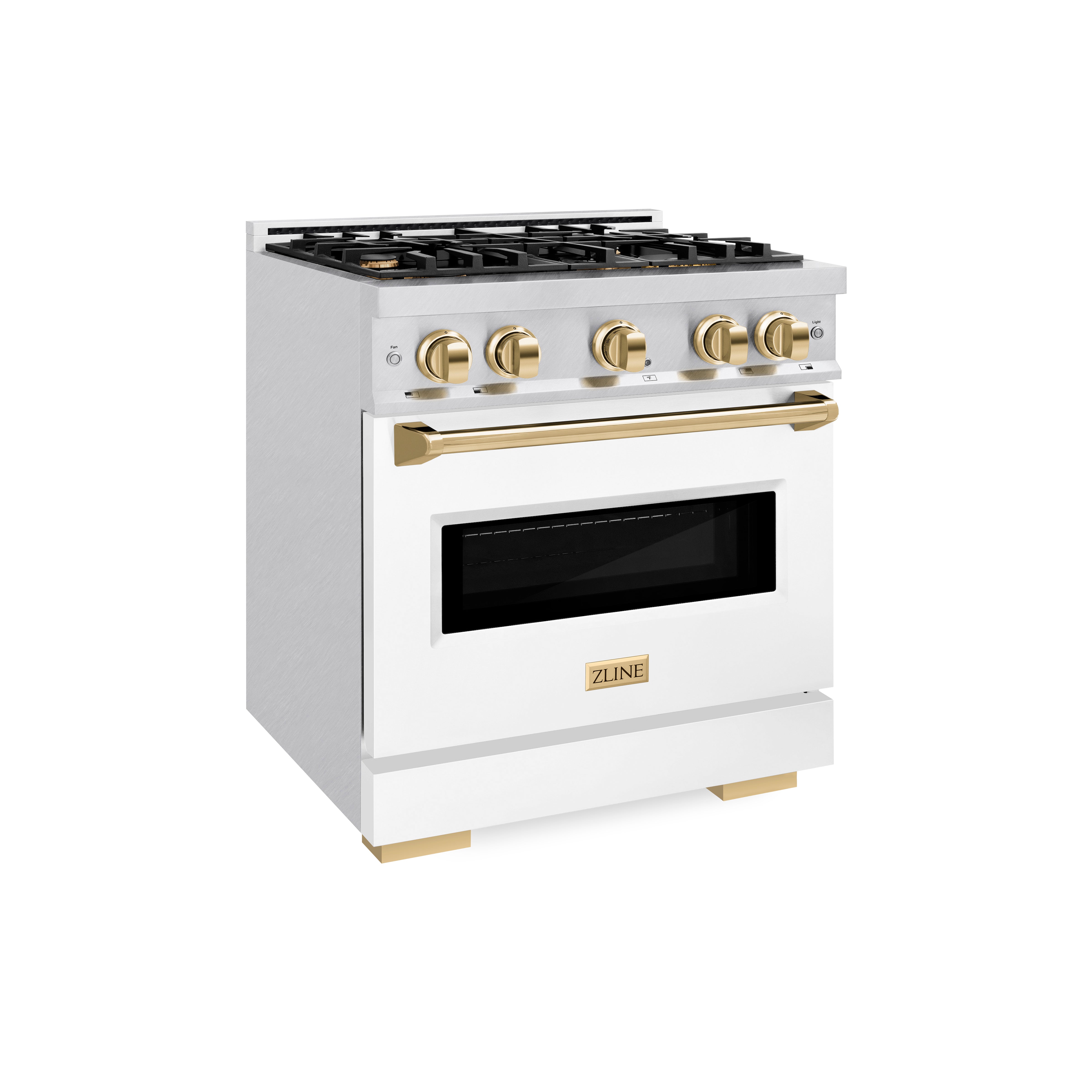 ZLINE Autograph Edition 30 in. 4.2 cu. ft. Classic Gas Range with 4 Burner Cooktop and Convection Gas Oven in Satin Stainless Steel with White Matte Door and Polished Gold Accents (CGRSZ-WM-30-G)