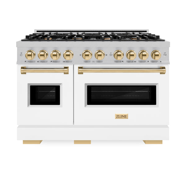 ZLINE Autograph Edition 48 in. 6.7 cu. ft. Classic Double Oven Gas Range with 8 Burner Cooktop in Satin Stainless Steel with White Matte Doors and Polished Gold Accents (CGRSZ-WM-48-G)