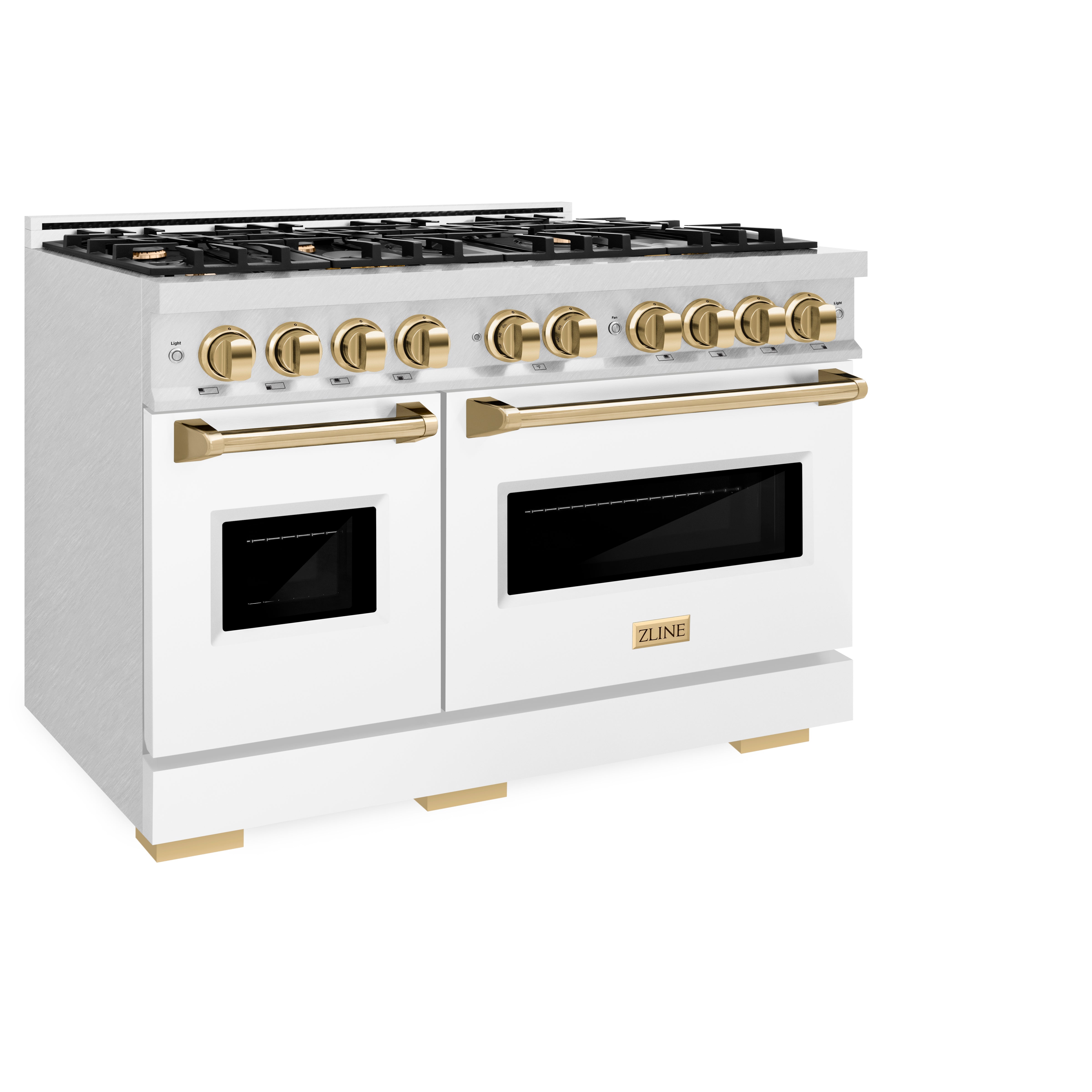 ZLINE Autograph Edition 48 in. 6.7 cu. ft. Classic Double Oven Gas Range with 8 Burner Cooktop in Satin Stainless Steel with White Matte Doors and Polished Gold Accents (CGRSZ-WM-48-G)