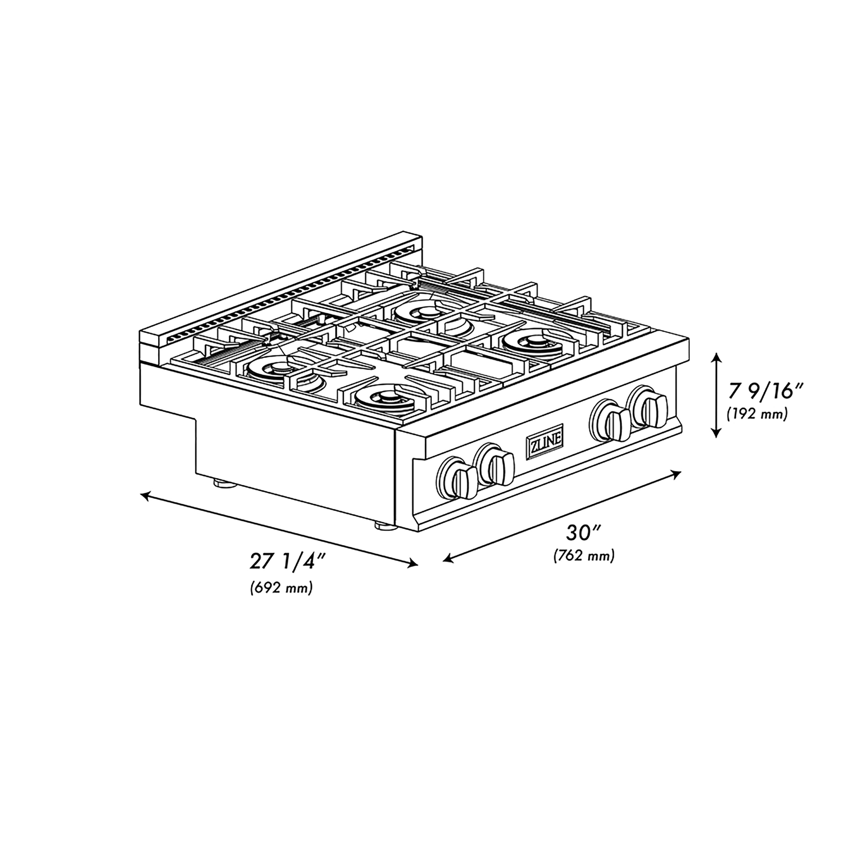 ZLINE 30 in. Classic Gas Rangetop with 4 Burner DuoPro™ Cooktop in Satin Stainless Steel (PCRTS-30)