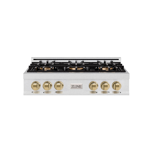 ZLINE Autograph Edition 36 in. Classic Gas Rangetop with 6 Burner DuoPro™ Cooktop in Satin Stainless Steel and Champagne Bronze Accents (PCRTSZ-36-CB)