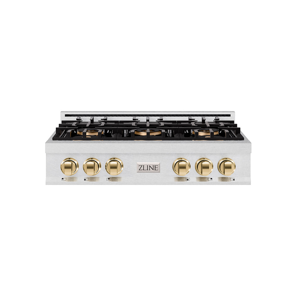 ZLINE Autograph Edition 36 in. Classic Gas Rangetop with 6 Burner DuoPro™ Cooktop in Satin Stainless Steel and Polished Gold Accents (PCRTSZ-36-G)