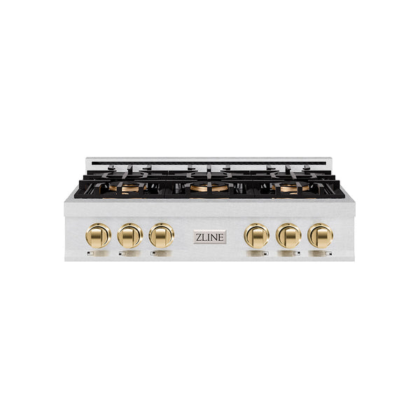 ZLINE Autograph Edition 36 in. Classic Gas Rangetop with 6 Burner DuoPro™ Cooktop in Satin Stainless Steel and Polished Gold Accents (PCRTSZ-36-G)