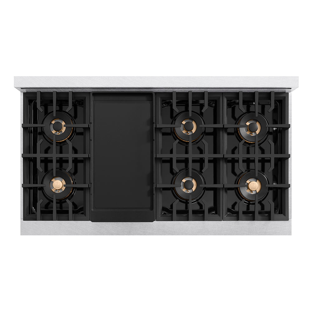 ZLINE Autograph Edition 48 in. Classic Gas Rangetop with 8 Burner DuoPro™ Cooktop in Satin Stainless Steel and Polished Gold Accents (PCRTSZ-48-G)