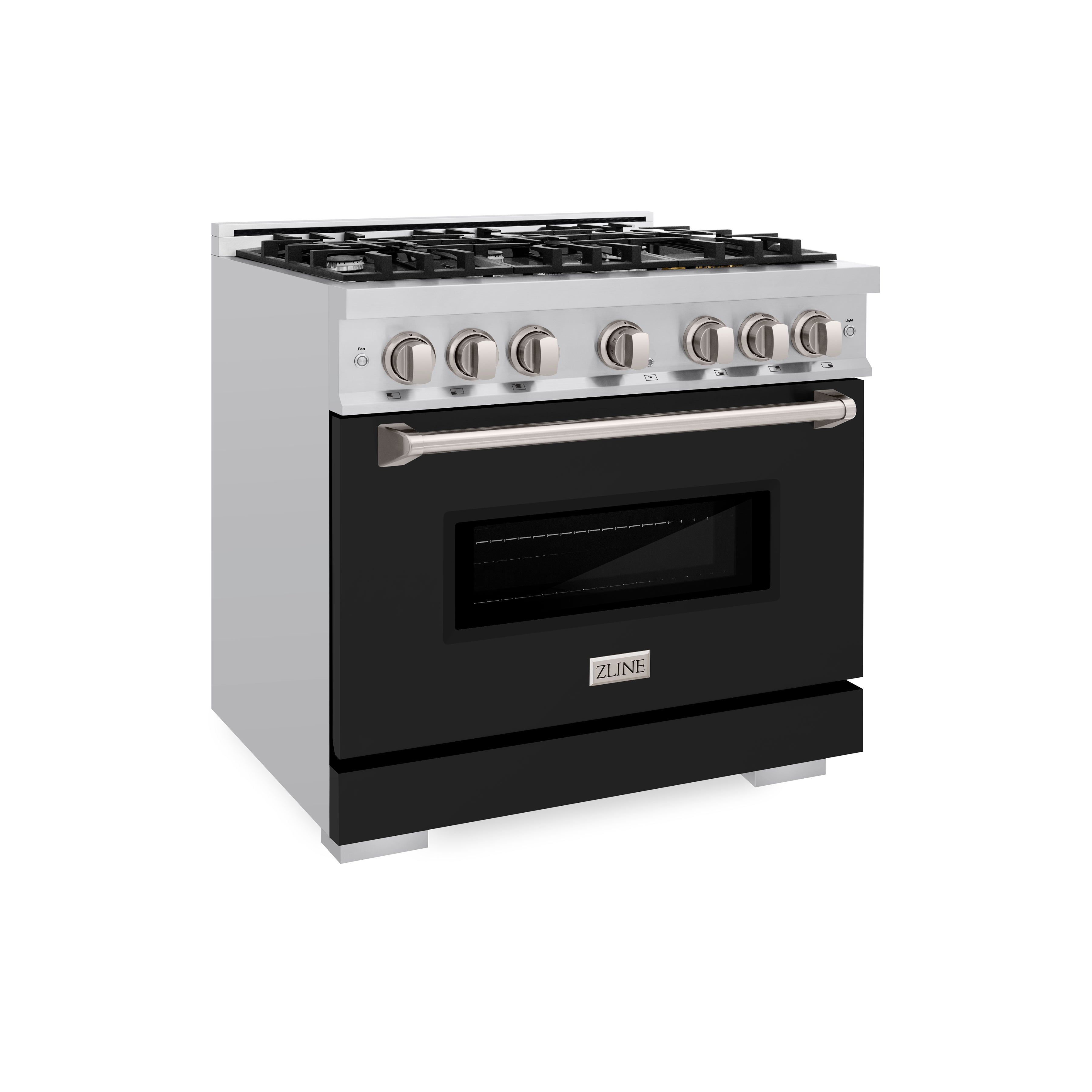 ZLINE 36 in. 5.2 cu. ft. Classic Dual Fuel Range with 6 Burner Gas Cooktop and Electric Convection Oven in Stainless Steel with Black Matte Door (CDR-BLM-36)