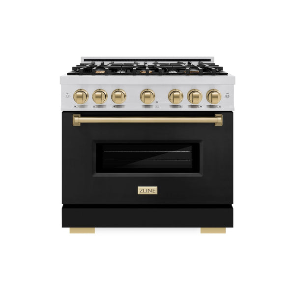 ZLINE Autograph Edition 36 in. 5.2 cu. ft. Classic Dual Fuel Range with 6 Burner Gas Cooktop and Electric Convection Oven in Stainless Steel with Black Matte Door and Champagne Bronze Accents (CDRZ-BLM-36-CB)