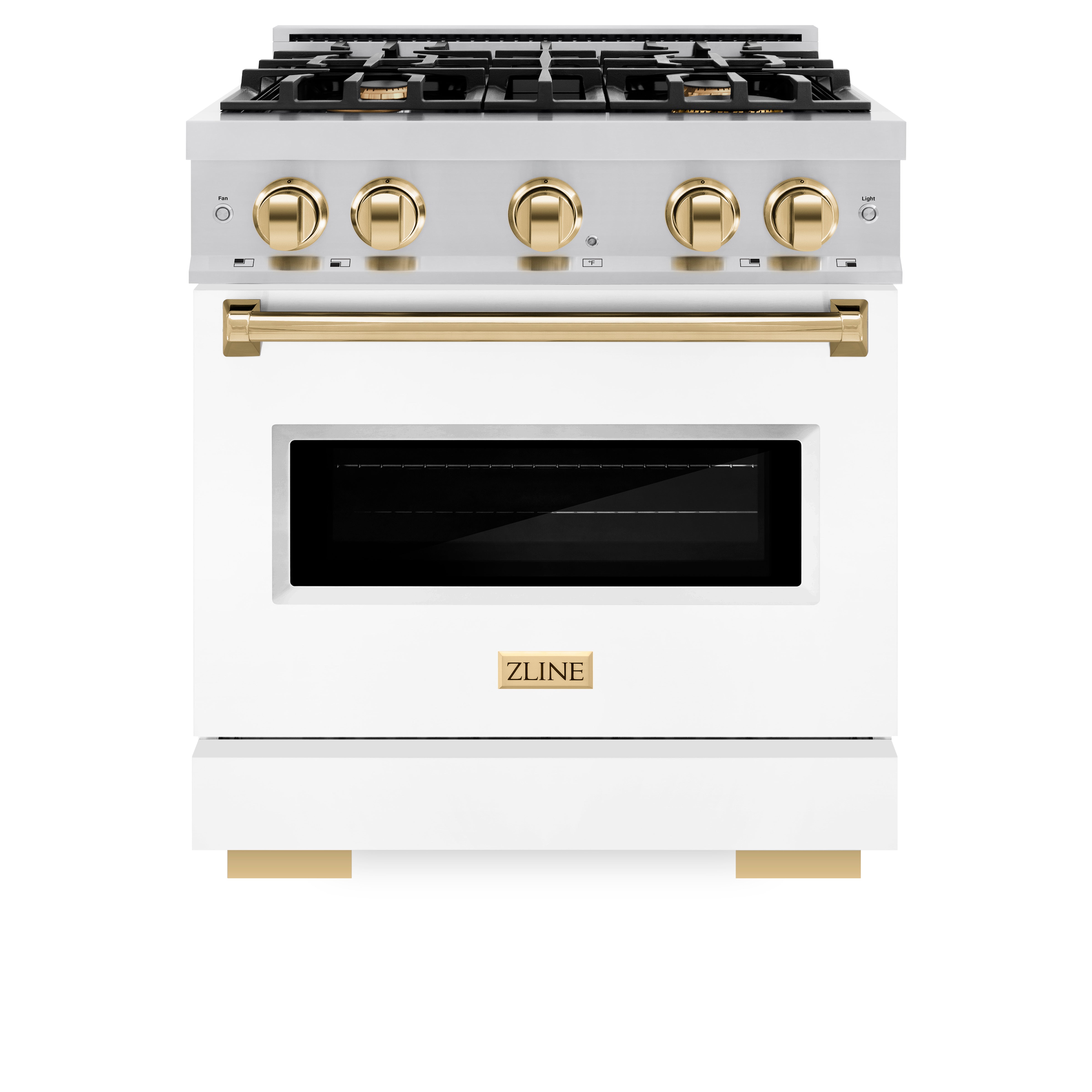 ZLINE Autograph Edition 30 in. 4.2 cu. ft. Classic Dual Fuel Range with 4 Burner Gas Cooktop and Electric Convection Oven in Stainless Steel with White Matte Door and Polished Gold Accents (CDRZ-WM-30-G)