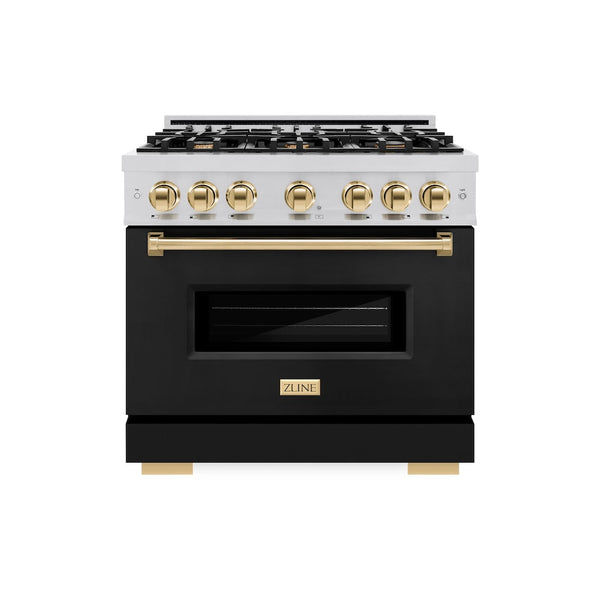 ZLINE Autograph Edition 36 in. 5.2 cu. ft. Classic Dual Fuel Range with 6 Burner Gas Cooktop and Electric Convection Oven in Stainless Steel with Black Matte Door and Polished Gold Accents (CDRZ-BLM-36-G)