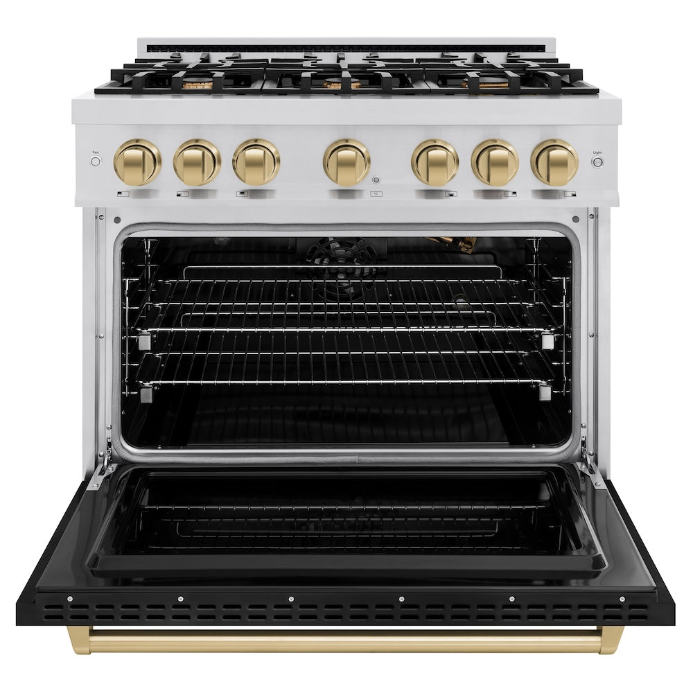 ZLINE Autograph Edition 36 in. 5.2 cu. ft. Classic Gas Range with 6 Burner Cooktop and Convection Gas Oven in Stainless Steel with Black Matte Door and Champagne Bronze Accents (CGRZ-BLM-36-CB)