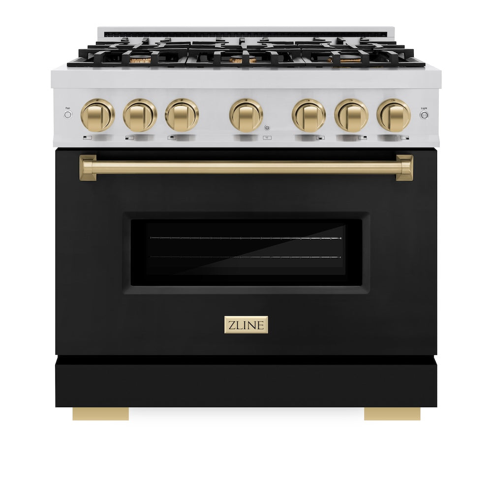 ZLINE Autograph Edition 36 in. 5.2 cu. ft. Classic Gas Range with 6 Burner Cooktop and Convection Gas Oven in Stainless Steel with Black Matte Door and Champagne Bronze Accents (CGRZ-BLM-36-CB)