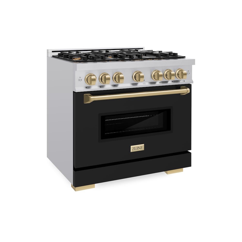 ZLINE Autograph Edition 36 in. 5.2 cu. ft. Classic Gas Range with 6 Burner Cooktop and Convection Gas Oven in Stainless Steel with Black Matte Door and Champagne Bronze Accents (CGRZ-BLM-36-CB)