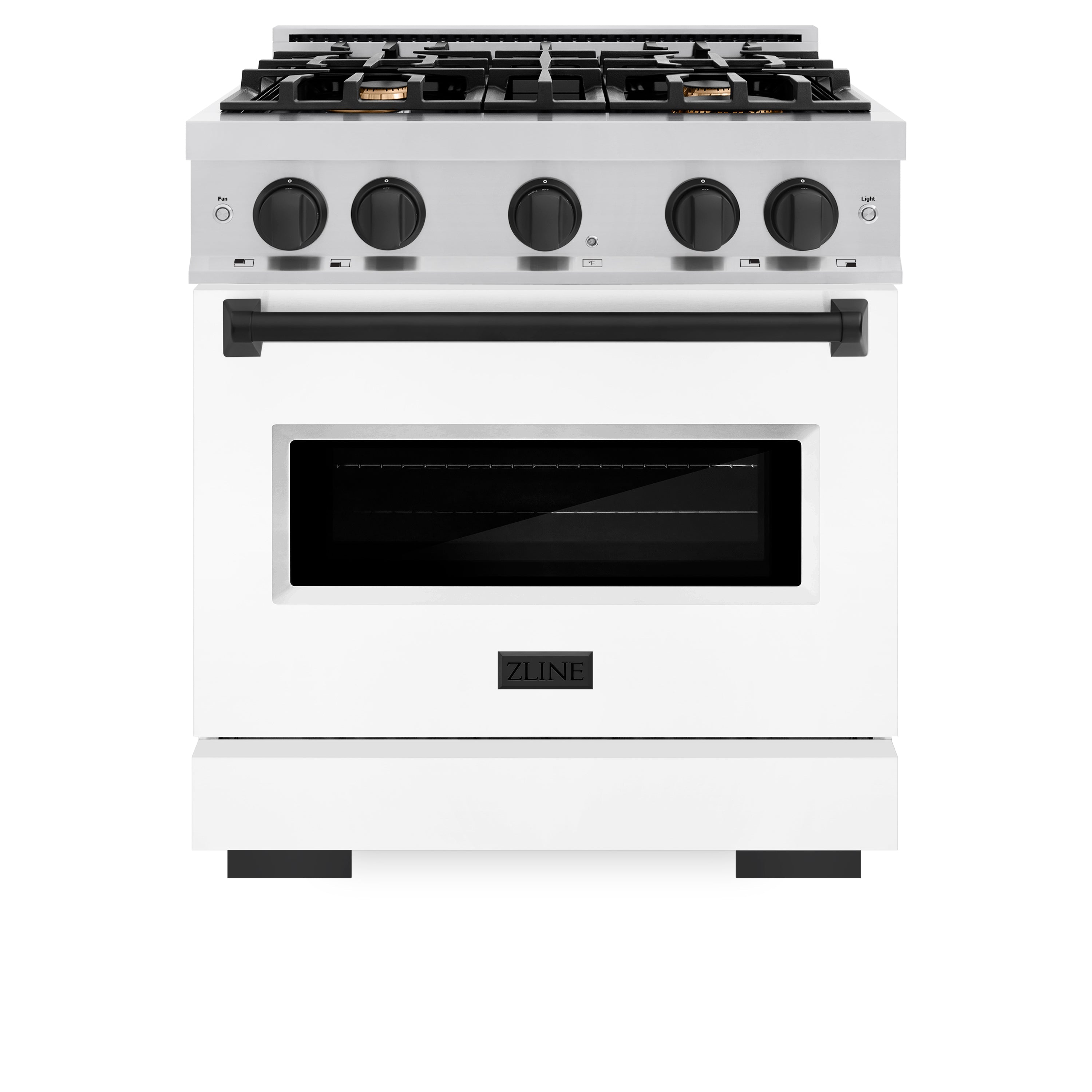 ZLINE Autograph Edition 30 in. 4.2 cu. ft. Classic Gas Range with 4 Burner Cooktop and Convection Gas Oven in Stainless Steel with White Matte Door and Matte Black Accents (CGRZ-WM-30-MB)