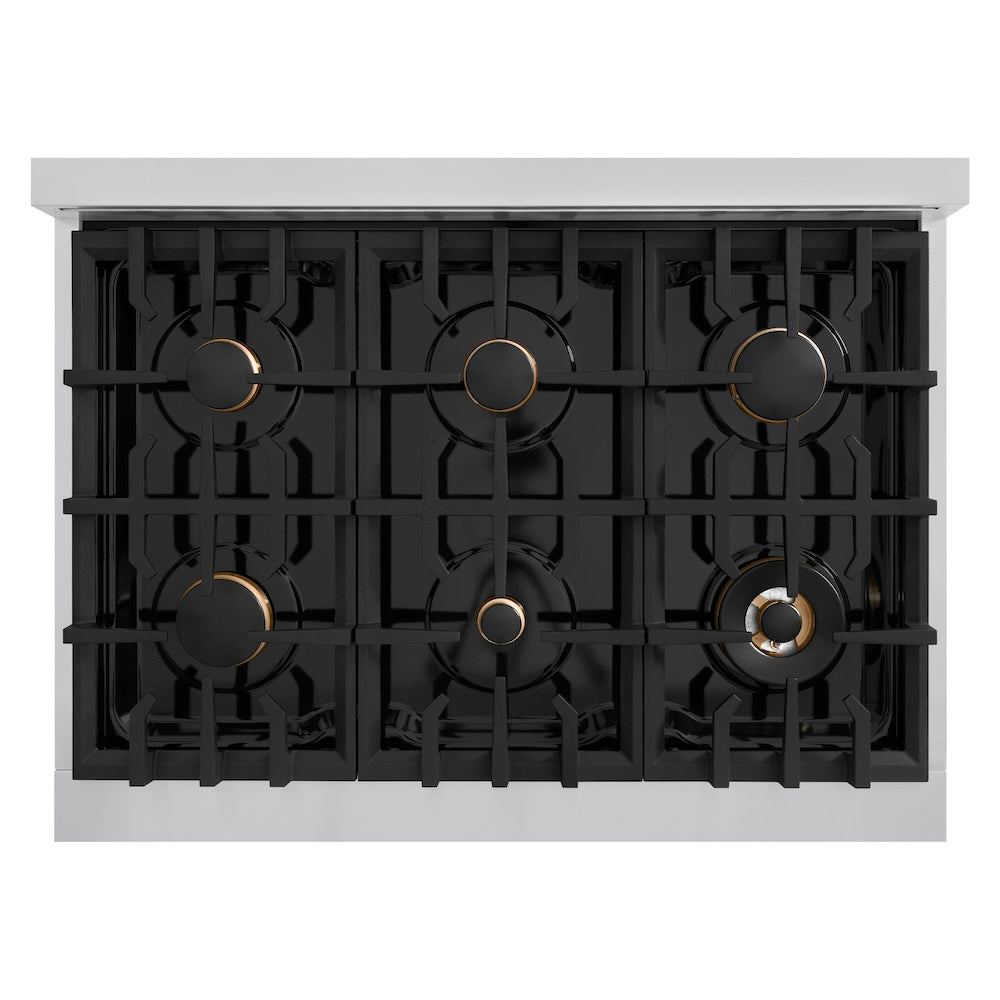 ZLINE Autograph Edition 36 in. 5.2 cu. ft. Classic Gas Range with 6 Burner Cooktop and Convection Gas Oven in Stainless Steel with Black Matte Door and Polished Gold Accents (CGRZ-BLM-36-G)