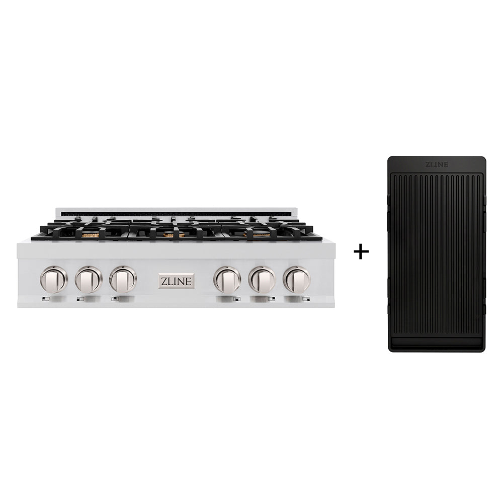 ZLINE 36 in. Classic Gas Rangetop with 6 Brass Burners and Porcelain Cooktop in Stainless Steel with Griddle (RT-BR-GR-36)