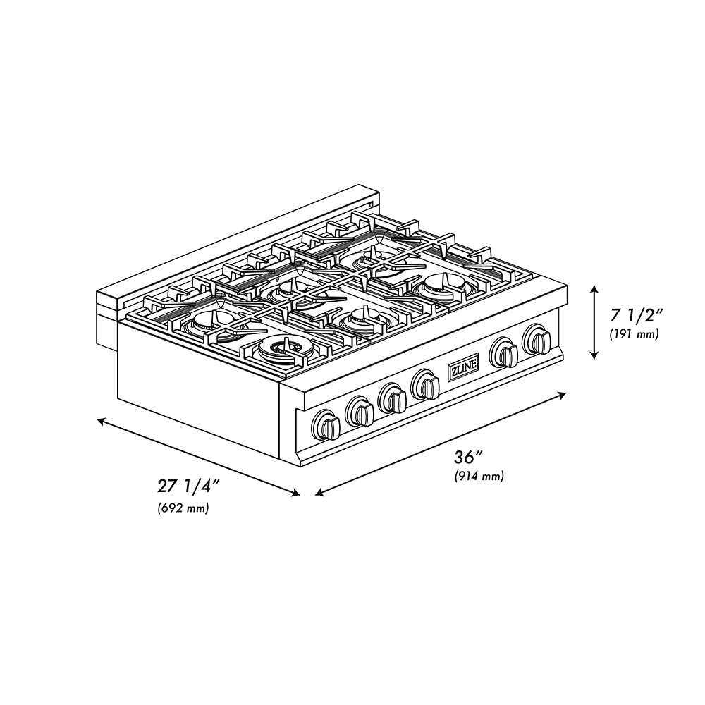 ZLINE 36 in. Classic Gas Rangetop with 6 Burners and Porcelain Cooktop in Stainless Steel with Griddle (RT-GR-36)