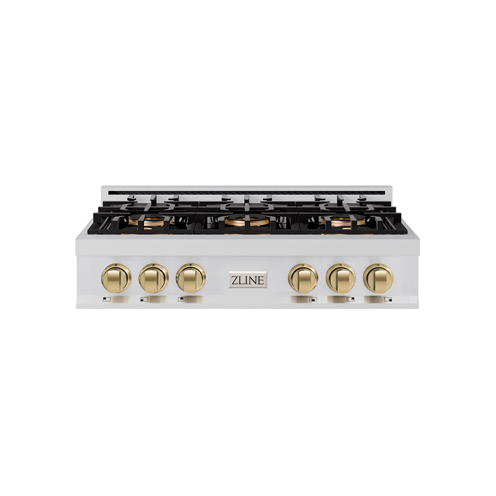 ZLINE Autograph Edition 36 in. Classic Gas Rangetop with 6 Burner DuoPro™ Cooktop in Stainless Steel and Champagne Bronze Accents (PCRTZ-36-CB)