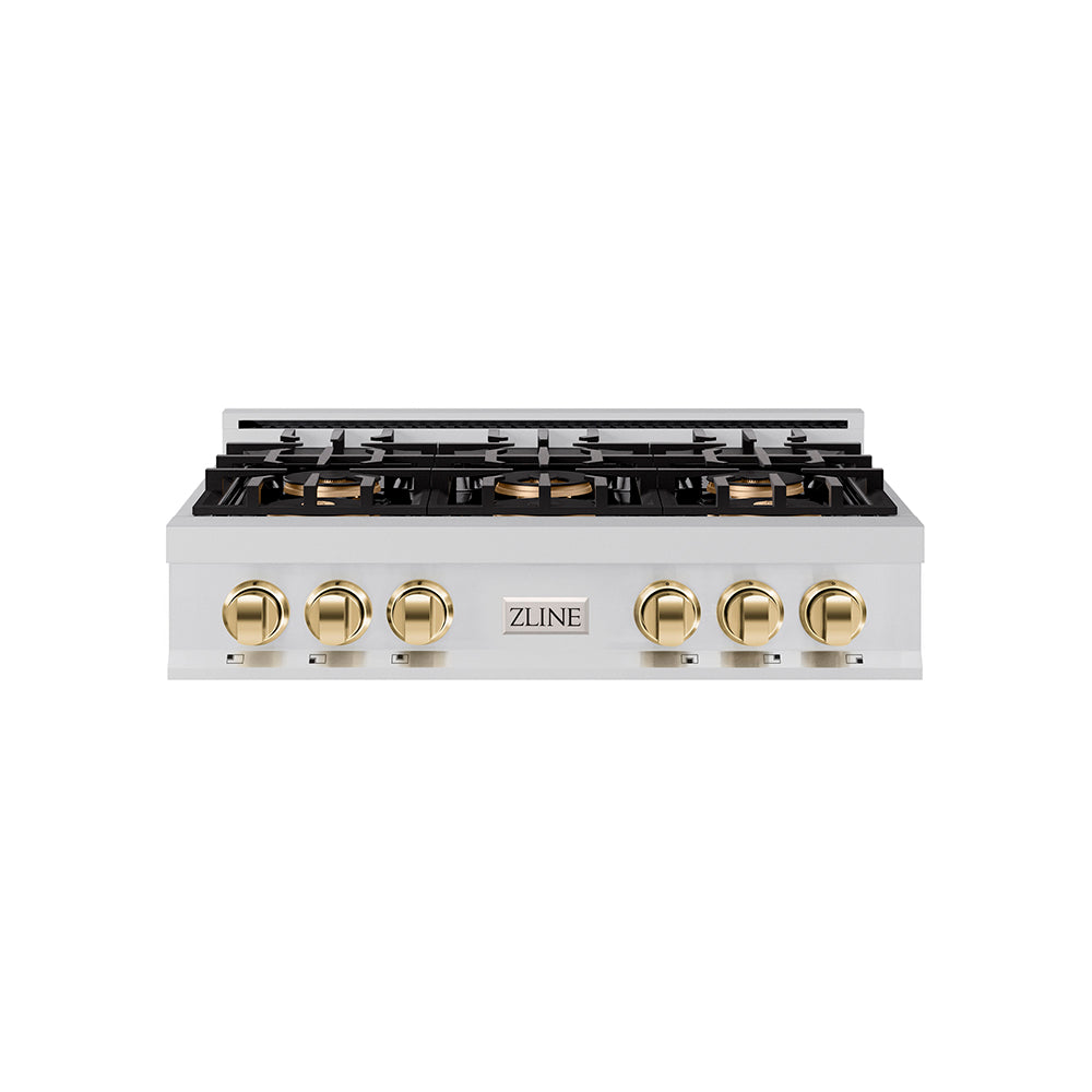 ZLINE Autograph Edition 36 in. Classic Gas Rangetop with 6 Burner DuoPro™ Cooktop in Stainless Steel and Polished Gold Accents (PCRTZ-36-G)