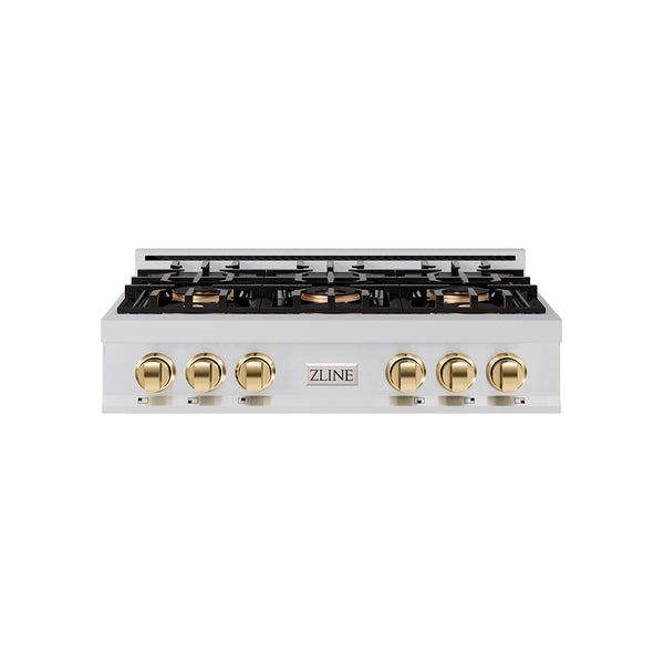 ZLINE Autograph Edition 36 in. Classic Gas Rangetop with 6 Burner DuoPro™ Cooktop in Stainless Steel and Polished Gold Accents (PCRTZ-36-G)