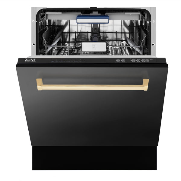 36" ZLINE Appliances Package - Autograph Edition Black Stainless Steel Dual Fuel Range, Range Hood, Dishwasher and Refrigeration Water & Ice Dispenser, Gold Accents (4KAPR-RABRHDWV36-G)