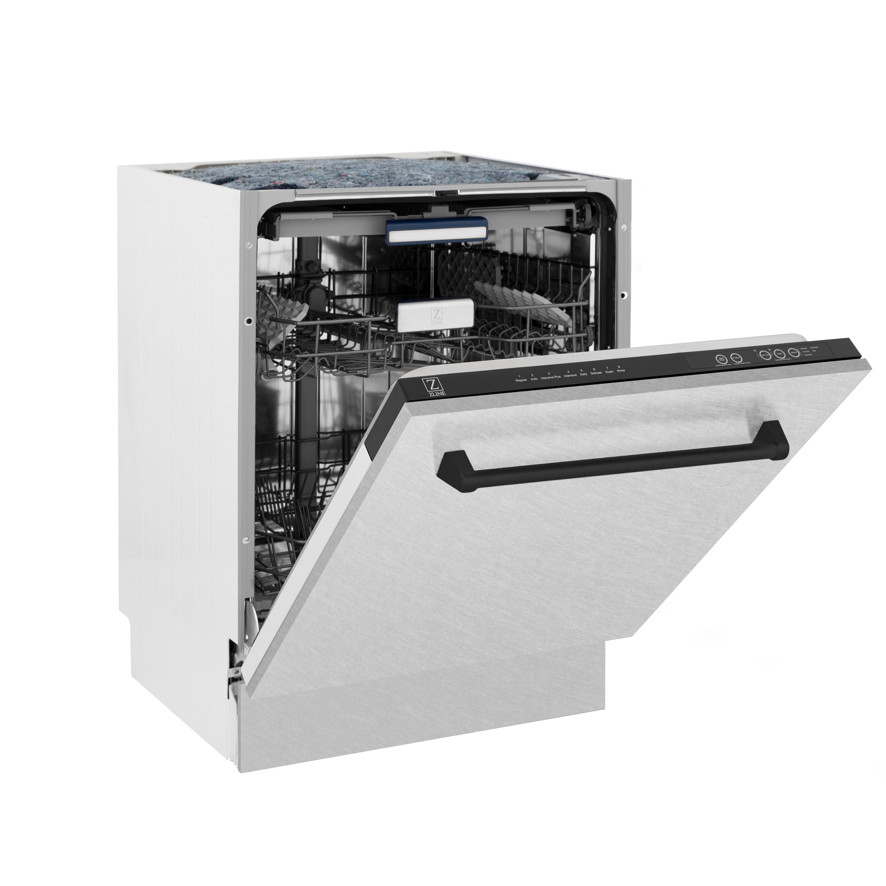 ZLINE Autograph Edition 24 in. Tallac Series 3rd Rack Top Control Built-In Tall Tub Dishwasher with Satin Stainless Steel Panel and Matte Black Handle, 51dBa (DWVZ-SN-24-MB)